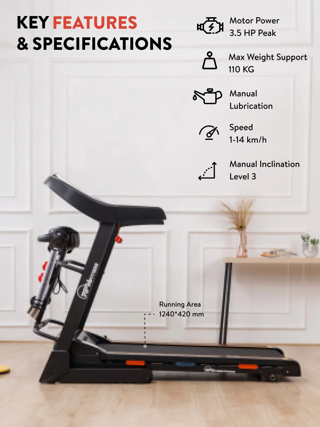 RPM3000 3.5HP DC Treadmill | 3-level Manual-Incline & Massager | Max Weight-110kg | Max Speed-14kmph (with 6 months extended warranty) - Image 2