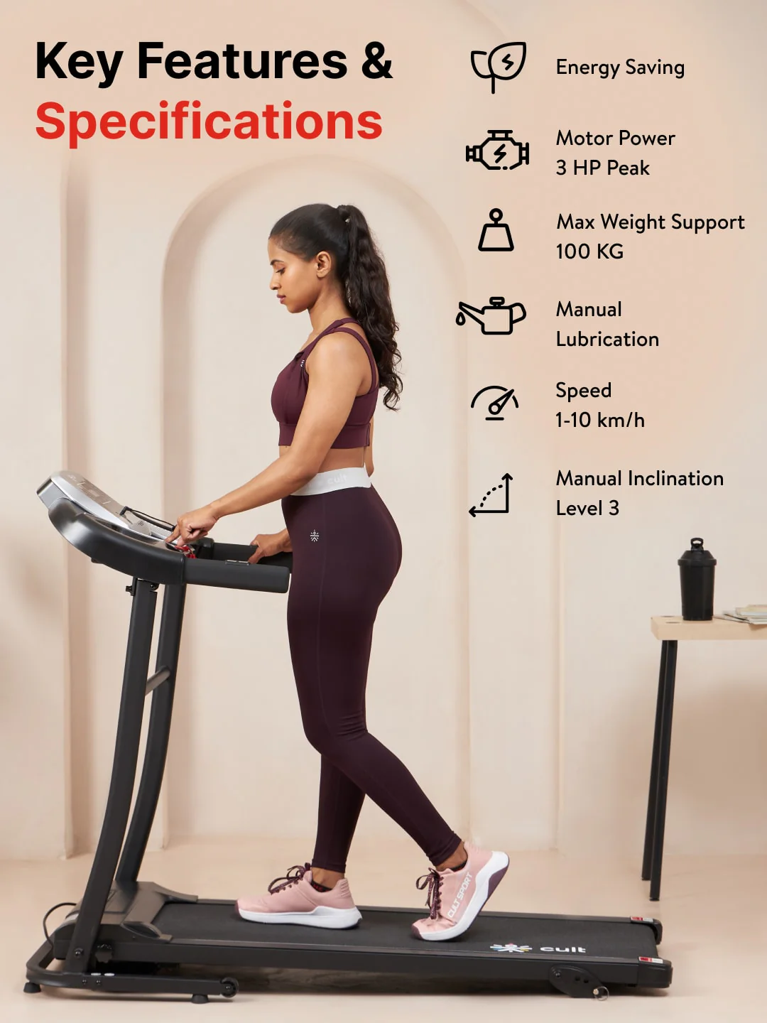 Cultrun S3.0 3HP Peak Treadmill | 3-level Manual-Incline | Max Weight-100kg | Max Speed-10kmph (with 6 months extended warranty) - Image 3
