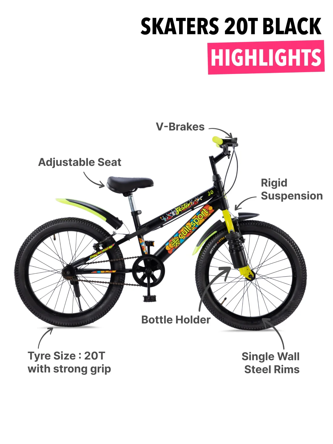 Skater 20T Steel Frame Kids Bike Black - Image 3