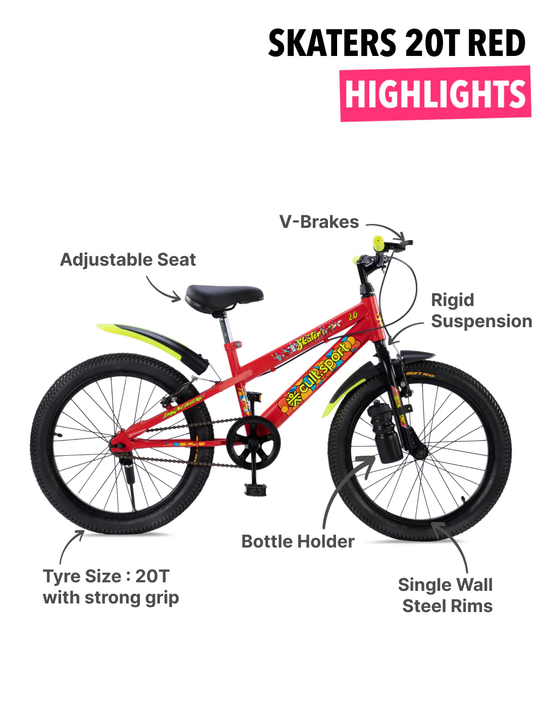 Skater 20T Steel Frame Kids Bike Red - Image 3