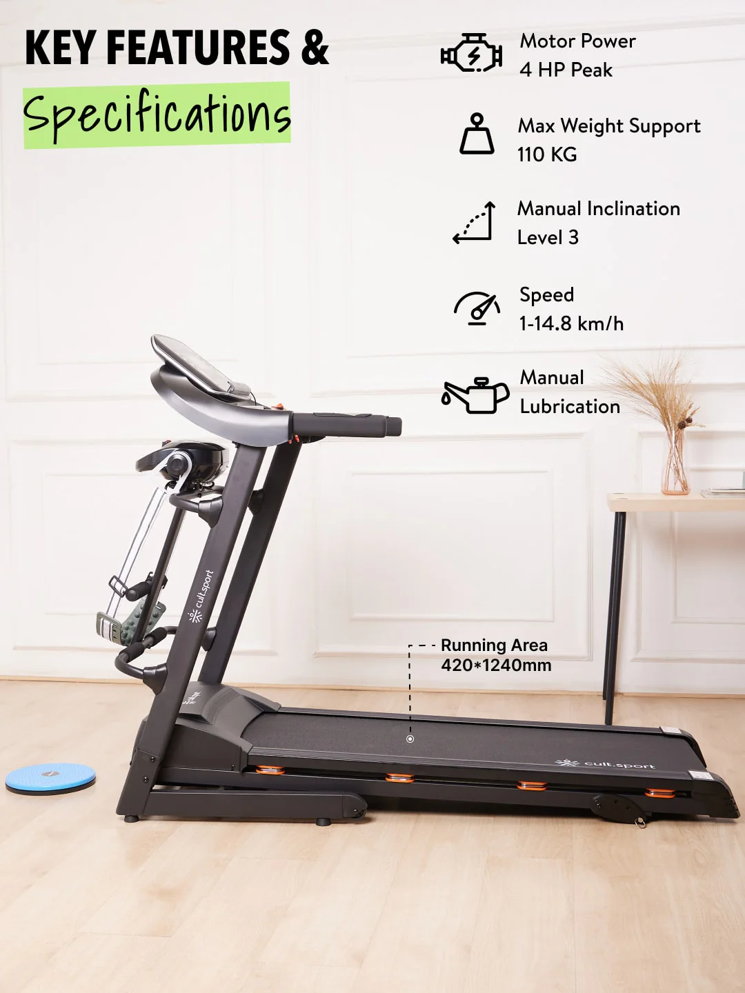 Smartrun Cairo 4 HP Peak Treadmill | 3-level Manual-Incline & Massager | Max Weight-110kg | Max Speed-14.8kmph (with 6 months extended warranty) - Image 3