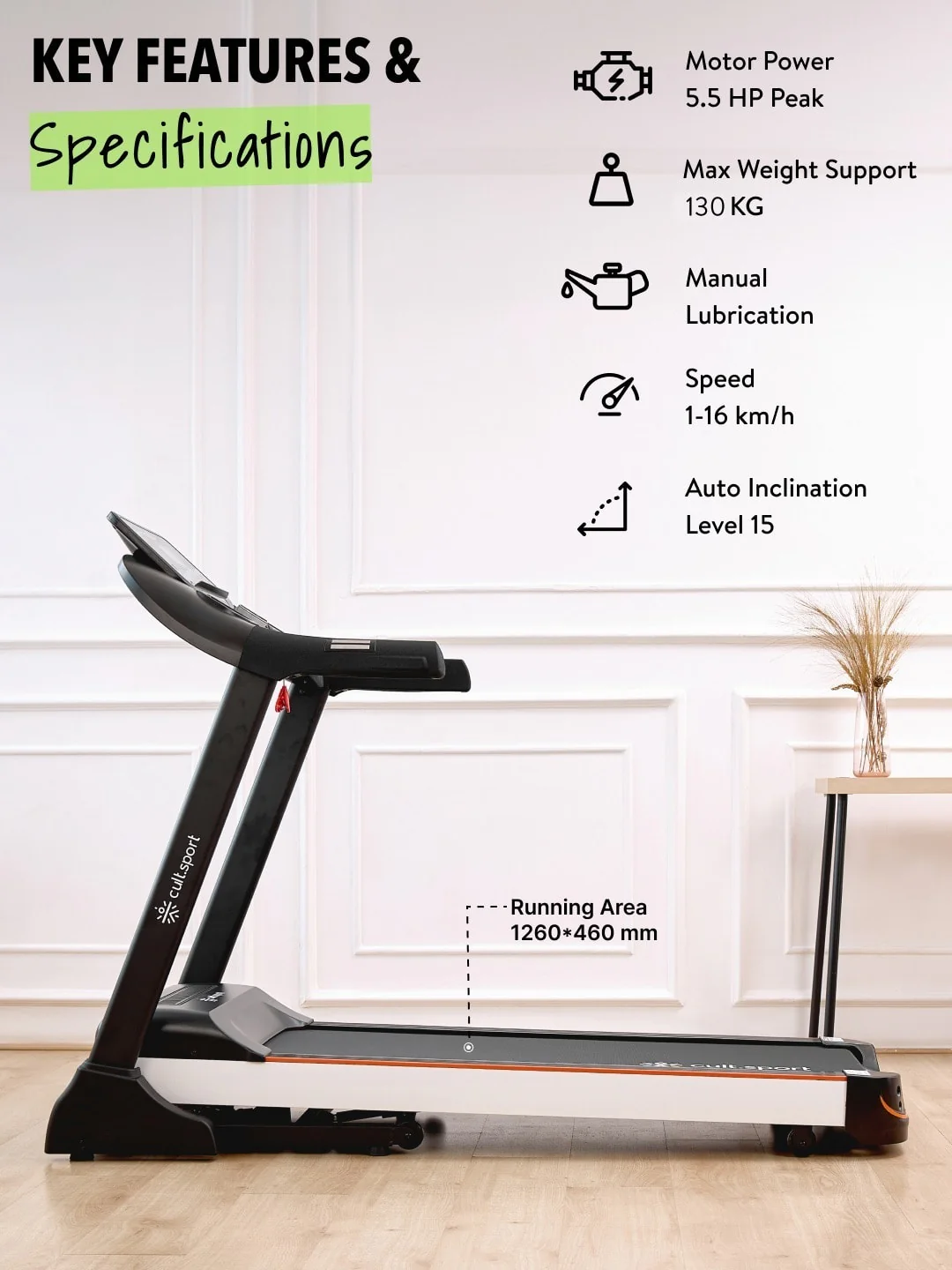 Smartrun Carson 5.5 HP Peak Treadmill | 15-level Auto-Incline | Max Weight-130kg | Max Speed-16kmph (with 6 Months Extended Warranty) - Image 3