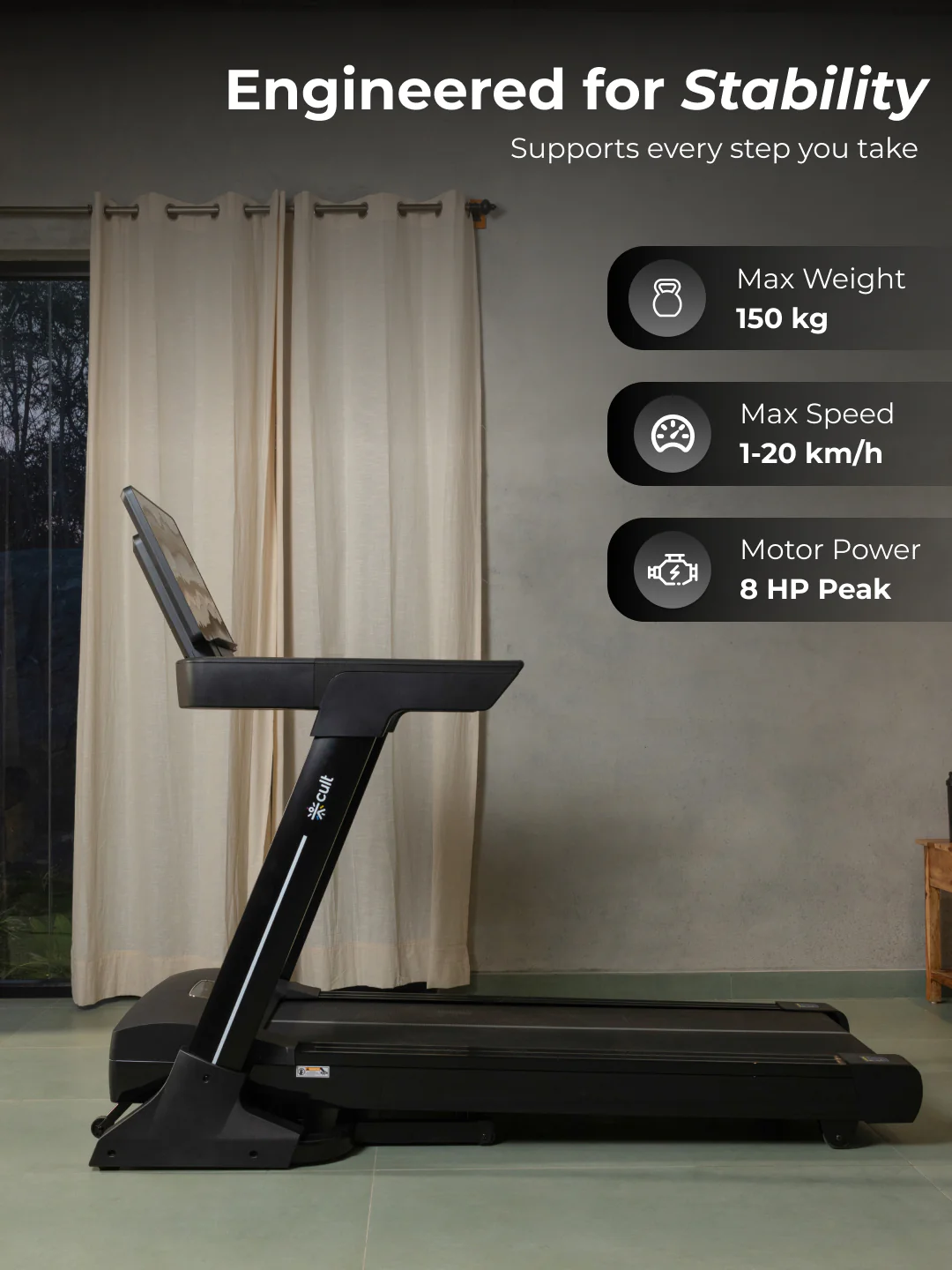 Cult SmartStrideElite Brushless BLDC-AC Motor (8HP Peak) Treadmill | Max Weight: 150kg | 20 Level Auto Incline (with 6 months extended warranty) - Image 4