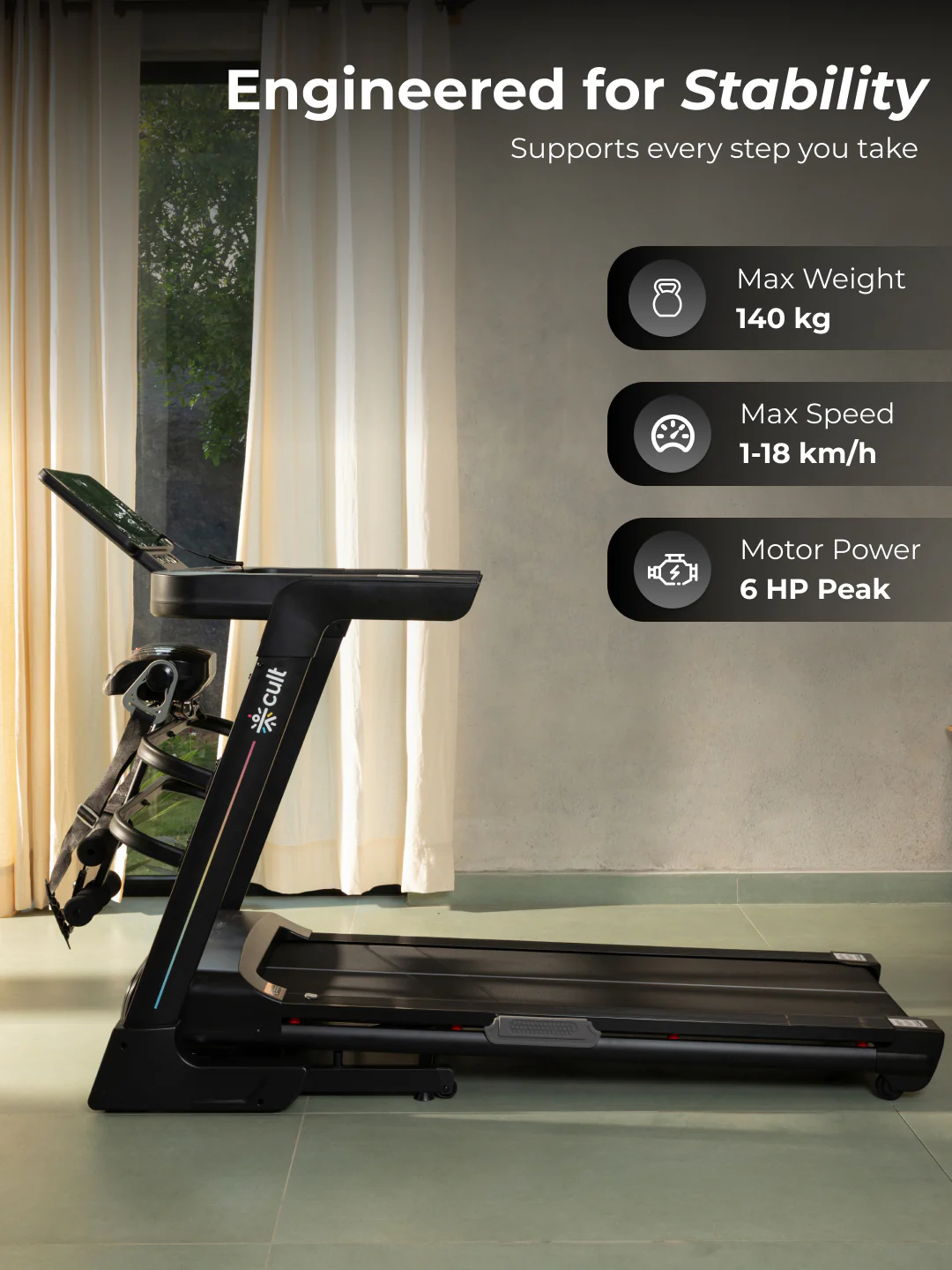 Cult SmartStrideSprint BLDC Motor (6HP Peak) Treadmill with Massager | Max Weight: 140kg | 15 Level Auto Incline (with 6 Months extended warranty) - Image 3
