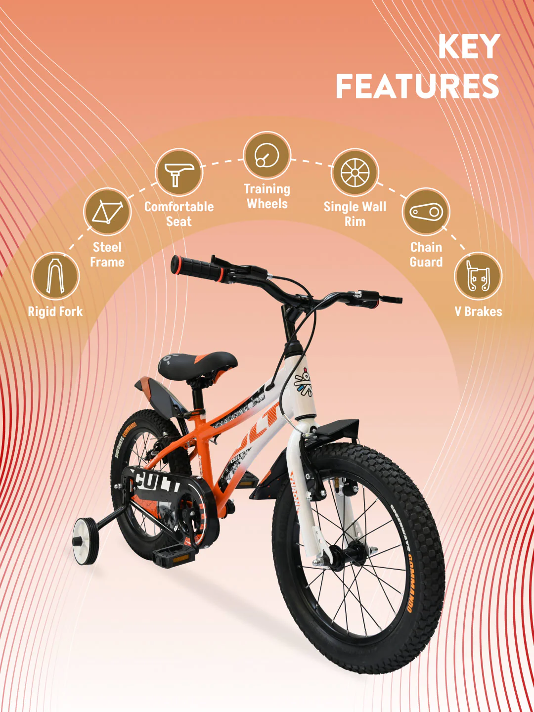 Throne 16T Steel Kids Bike with Rigid Fork, Single Wall Rim, V brakes, Chain Guard and Training Wheel, Orange White - Image 2