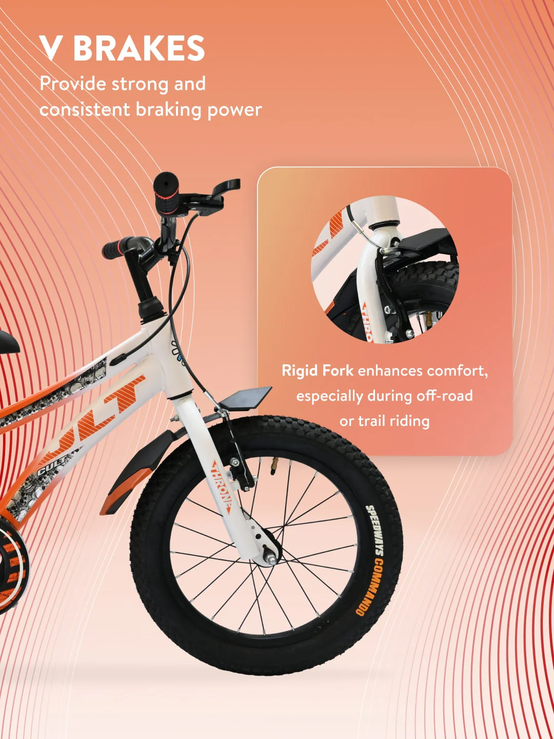 Throne 16T Steel Kids Bike with Rigid Fork, Single Wall Rim, V brakes, Chain Guard and Training Wheel, Orange White - Image 7