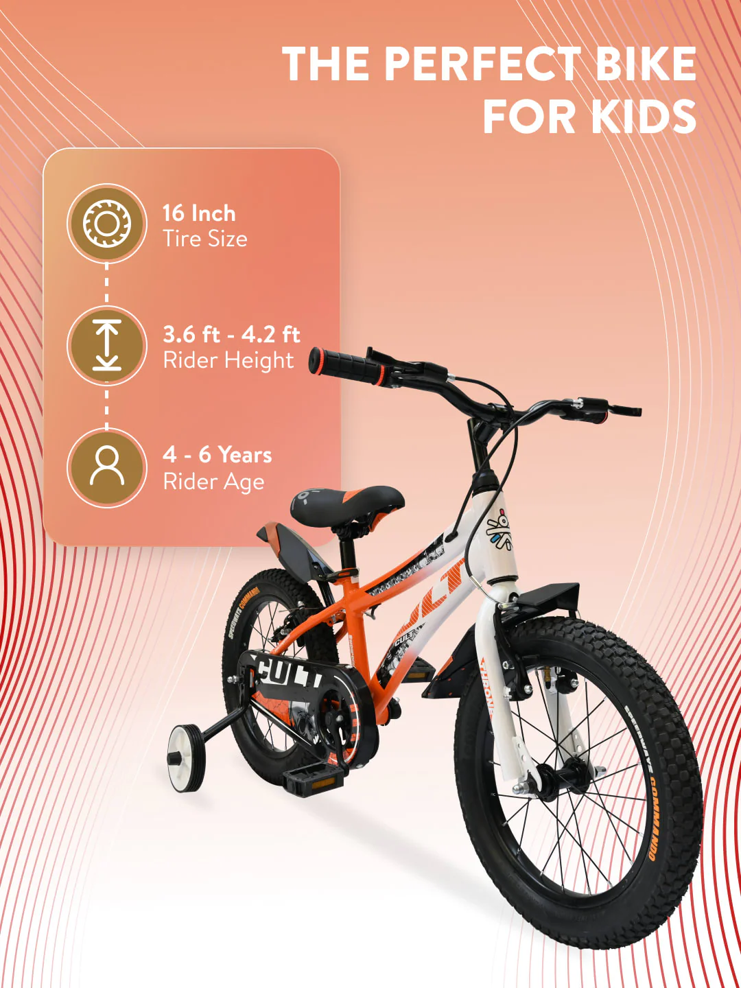 Throne 16T Steel Kids Bike with Rigid Fork, Single Wall Rim, V brakes, Chain Guard and Training Wheel, Orange White - Image 8
