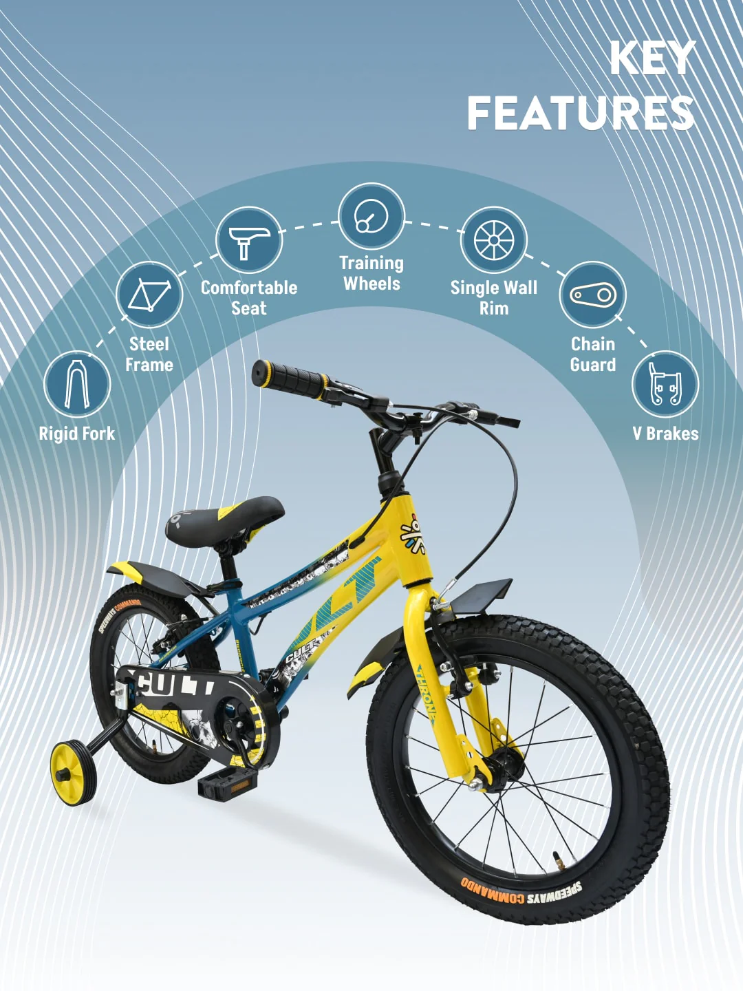 Throne 16T Steel Kids Bike with Rigid Fork, Single Wall Rim, V brakes, Chain Guard and Training Wheel, Yellow Blue - Image 2