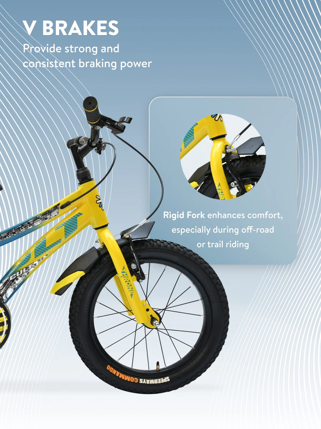Throne 16T Steel Kids Bike with Rigid Fork, Single Wall Rim, V brakes, Chain Guard and Training Wheel, Yellow Blue - Image 7