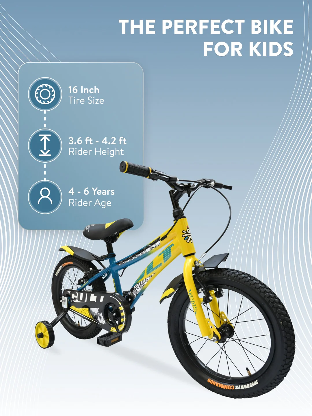 Throne 16T Steel Kids Bike with Rigid Fork, Single Wall Rim, V brakes, Chain Guard and Training Wheel, Yellow Blue - Image 8