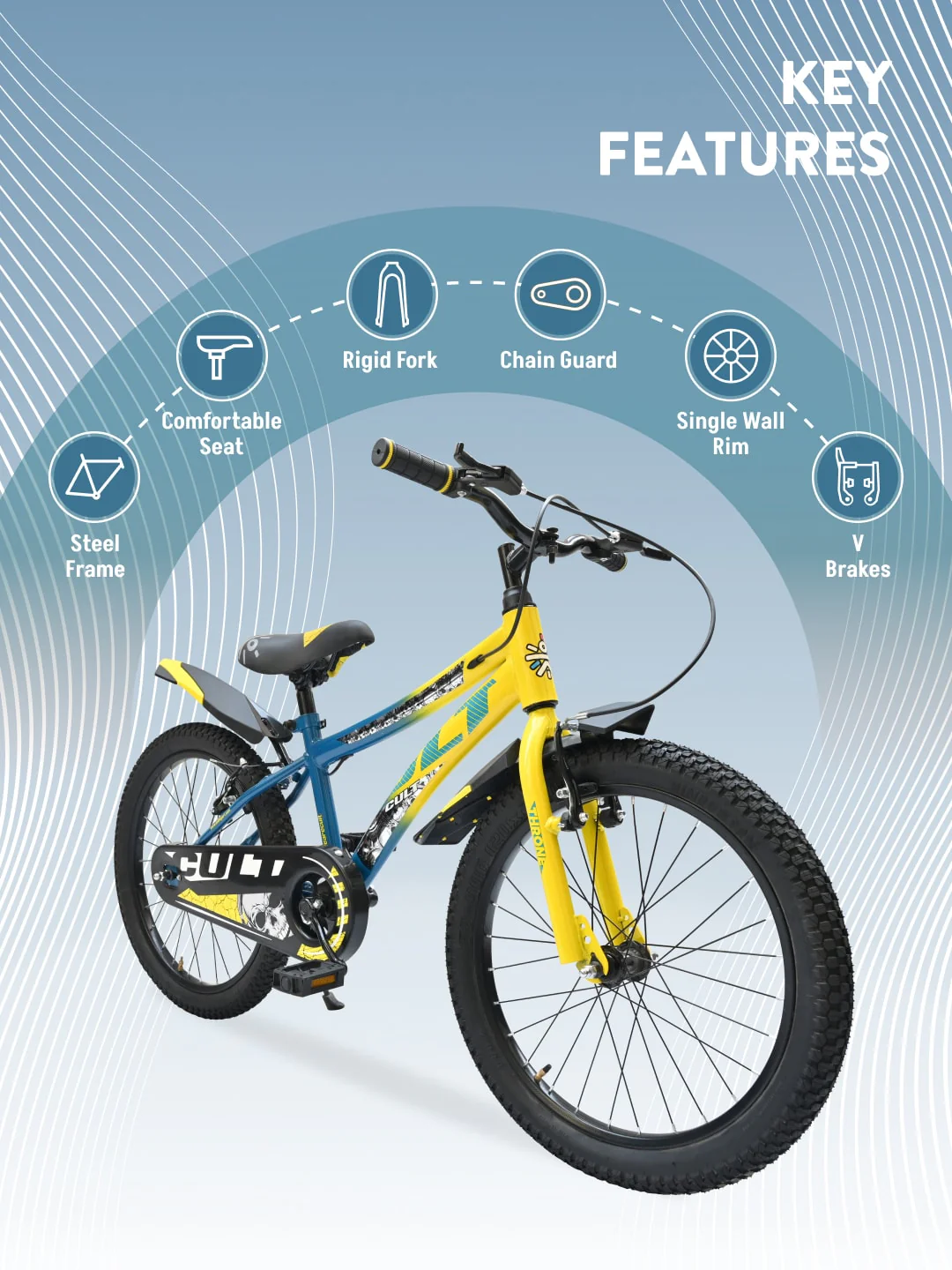 Throne 20T Steel Kids Bike with Rigid Fork, Single Wall Rim, V brakes and Chain Guard Yellow Blue - Image 2