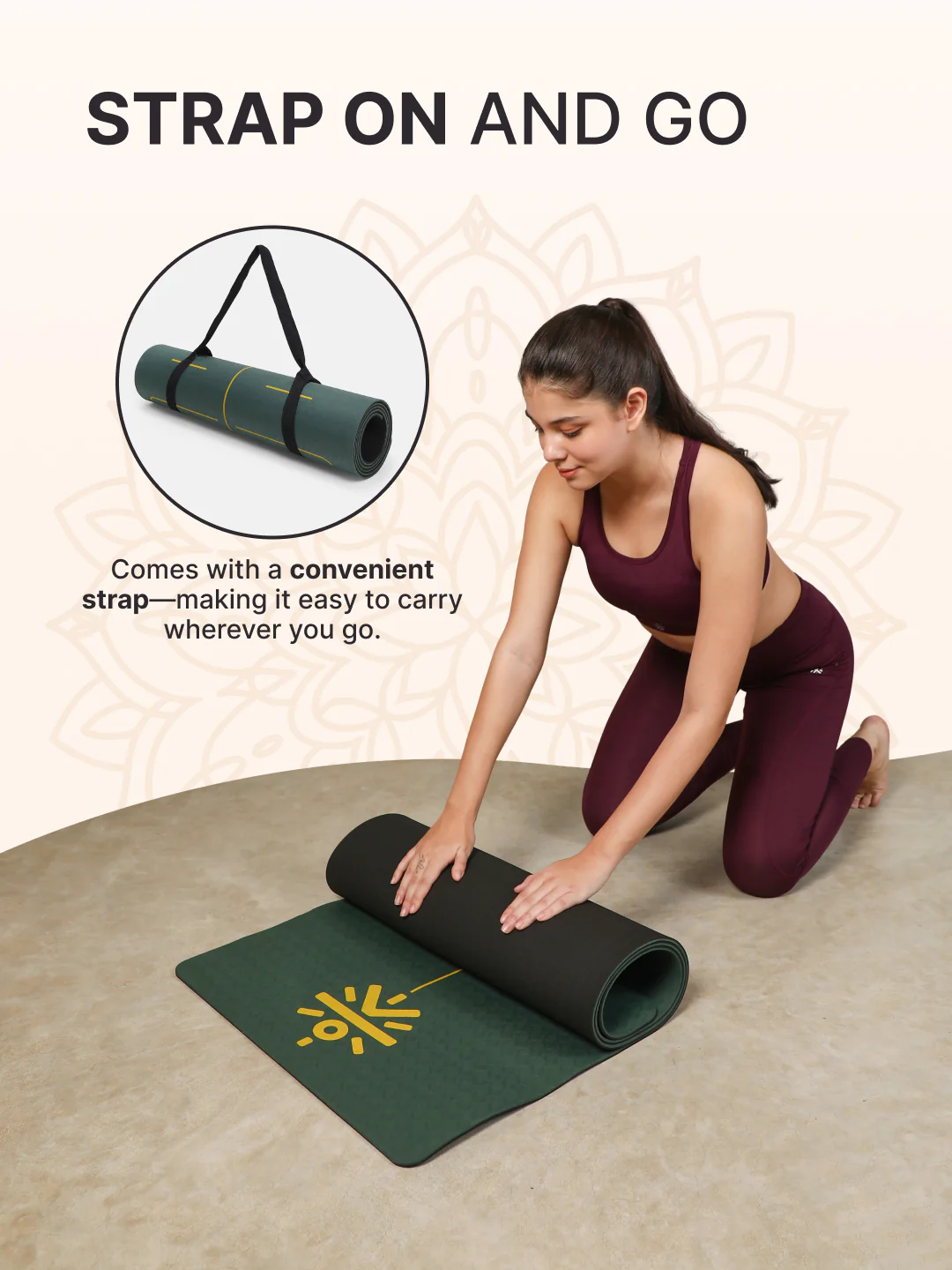 TPE Alignment 6mm Yoga Mat Green with Carry Strap & Yoga Wheel Green - Image 7