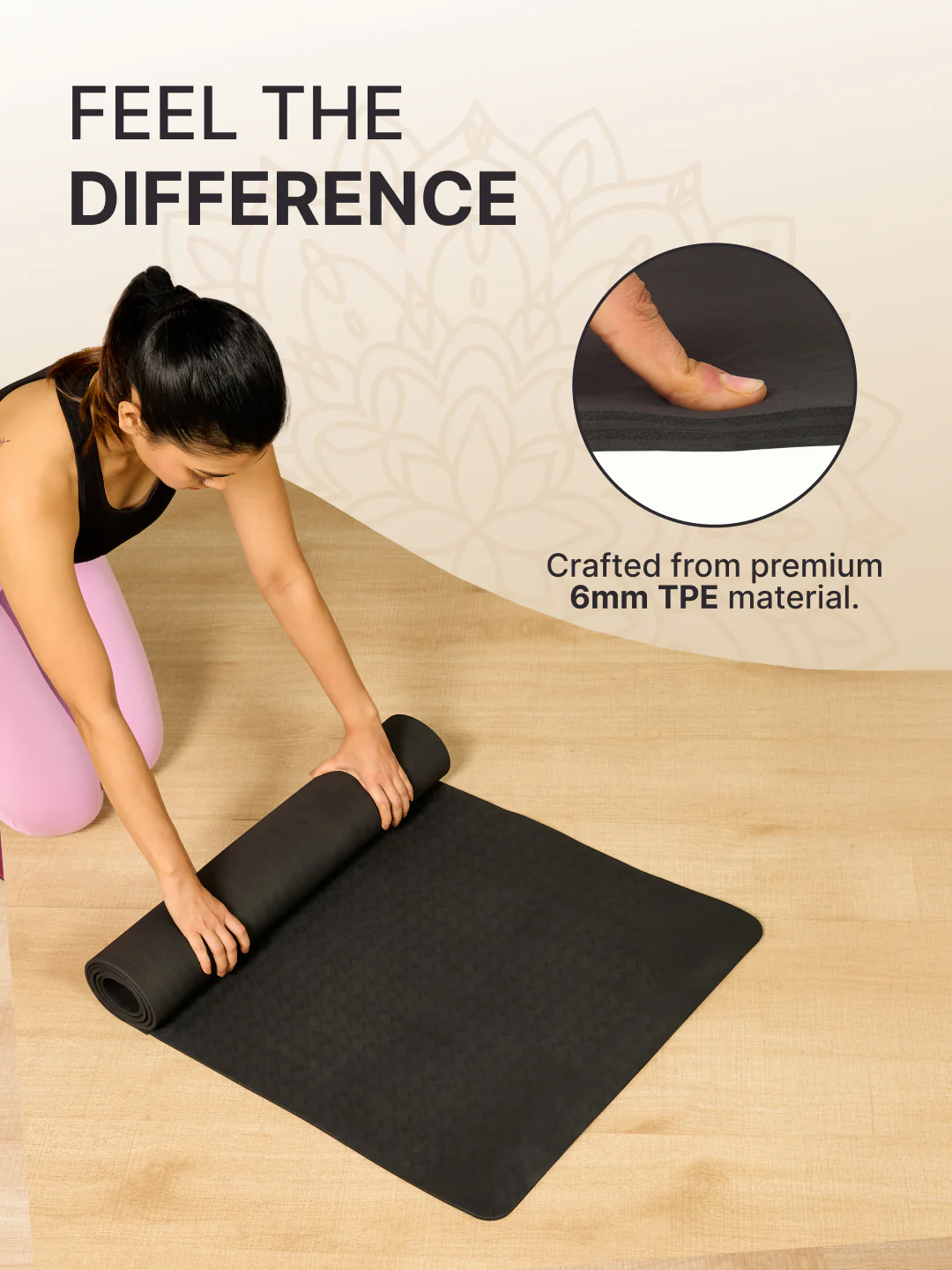 TPE 6mm Yoga Mat Black with Carry Bag & Yoga Belt Black - Image 4