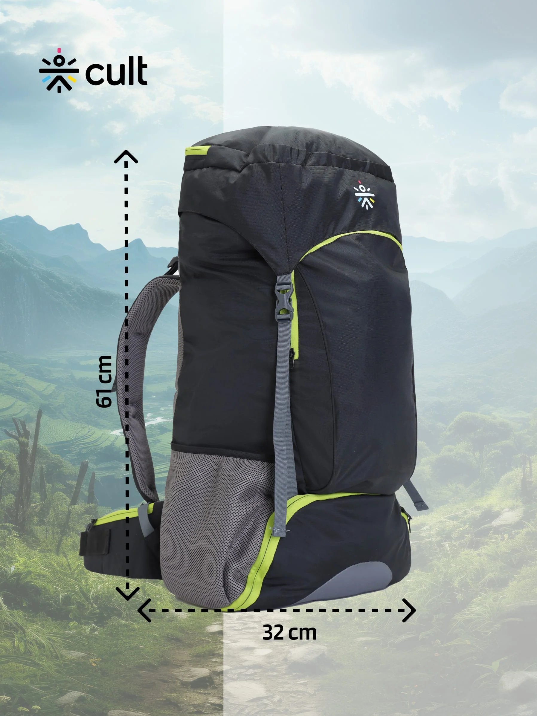 cult 55 Litre Standard Backpack Daypack Bag For Camping Hiking Trekking Black Green - Image 2