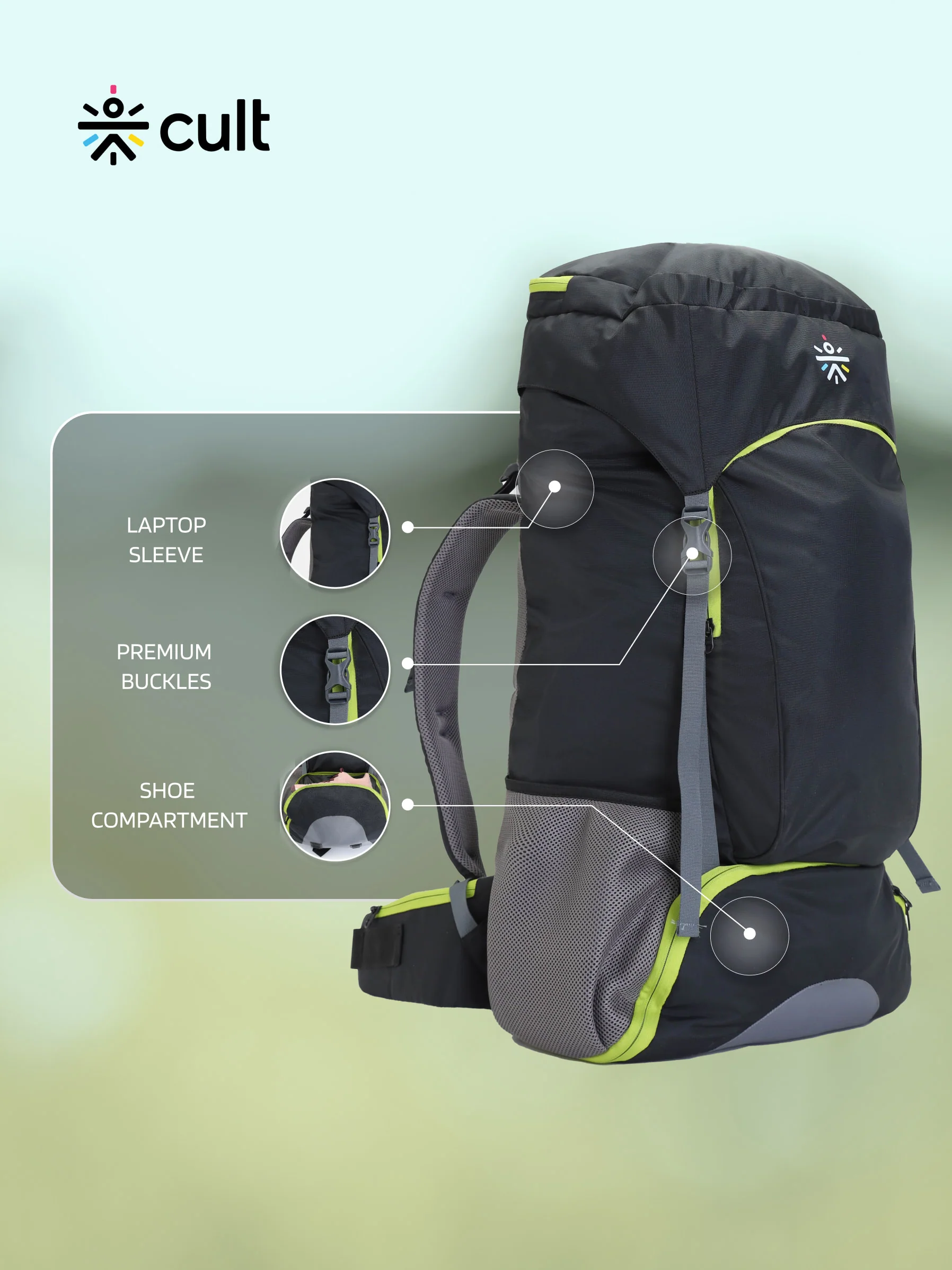 cult 55 Litre Standard Backpack Daypack Bag For Camping Hiking Trekking Black Green - Image 3