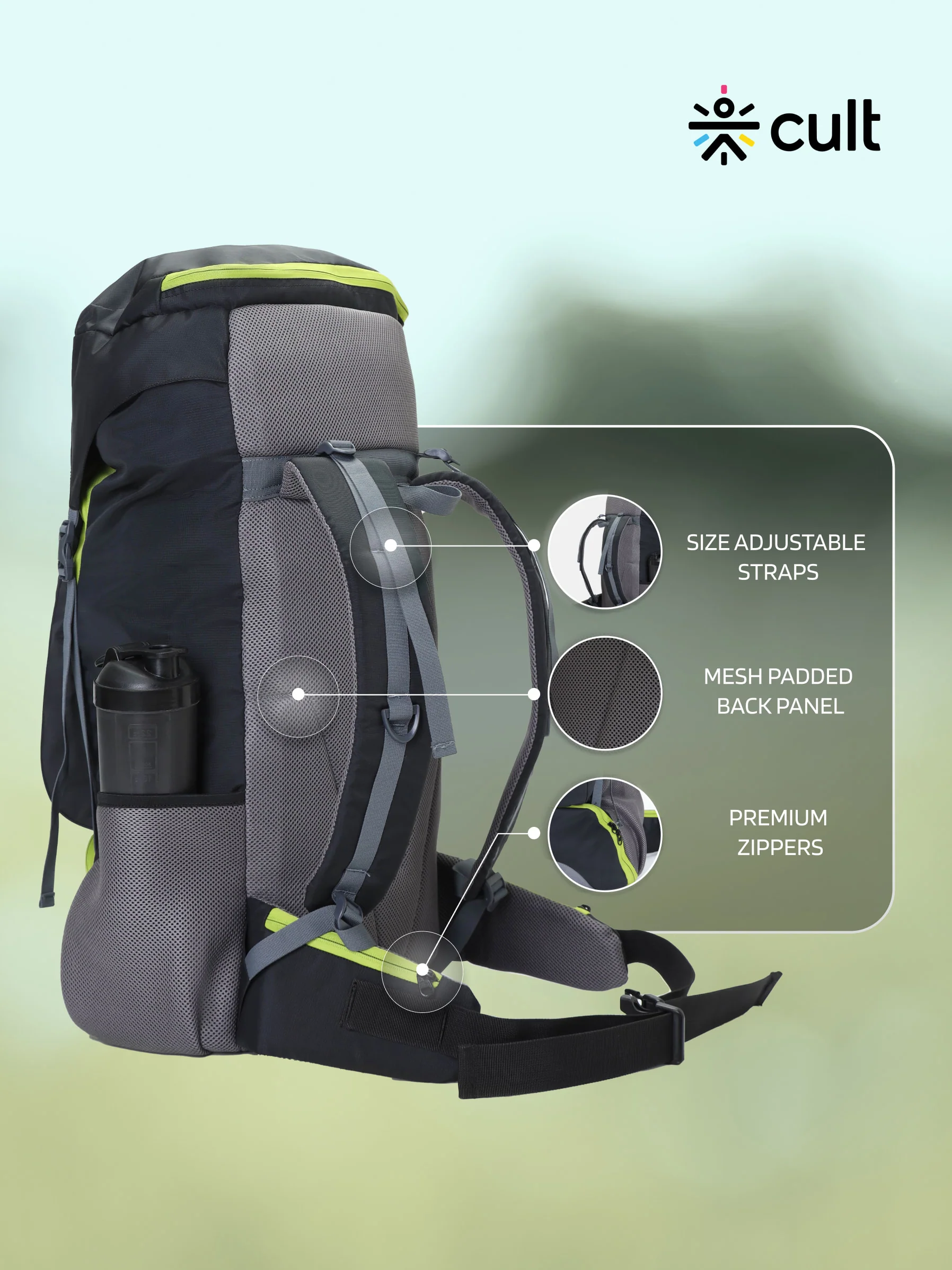 cult 55 Litre Standard Backpack Daypack Bag For Camping Hiking Trekking Black Green - Image 4