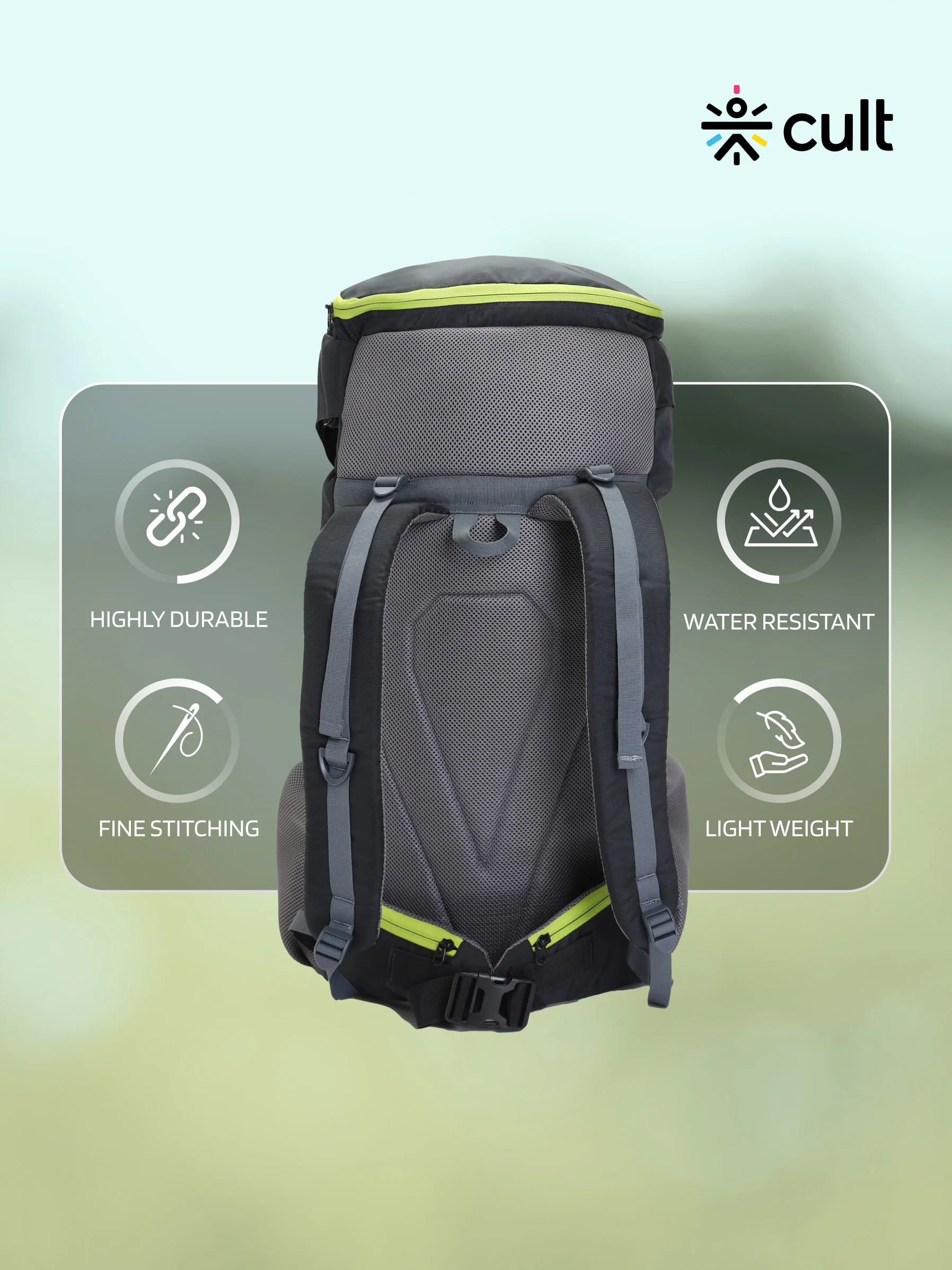 cult 55 Litre Standard Backpack Daypack Bag For Camping Hiking Trekking Black Green - Image 5