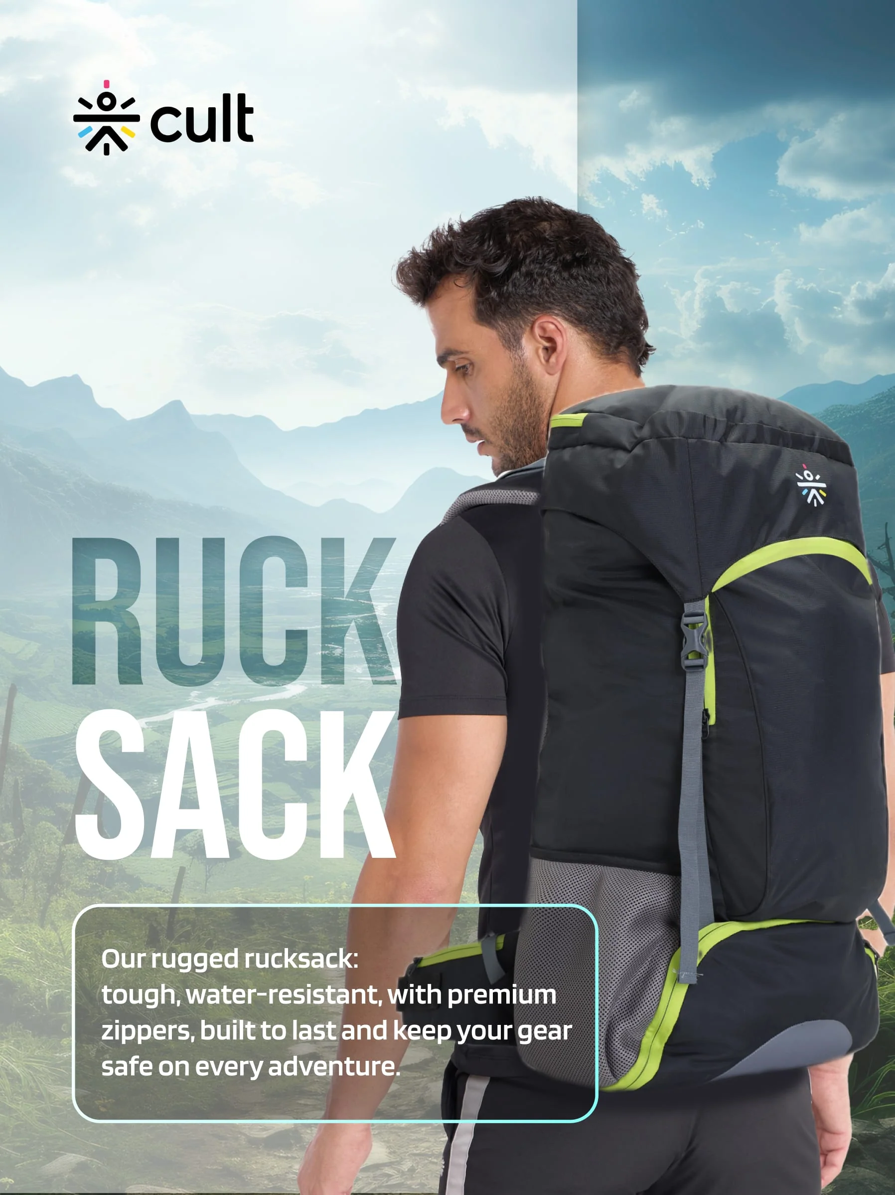 cult 55 Litre Standard Backpack Daypack Bag For Camping Hiking Trekking Black Green - Image 6