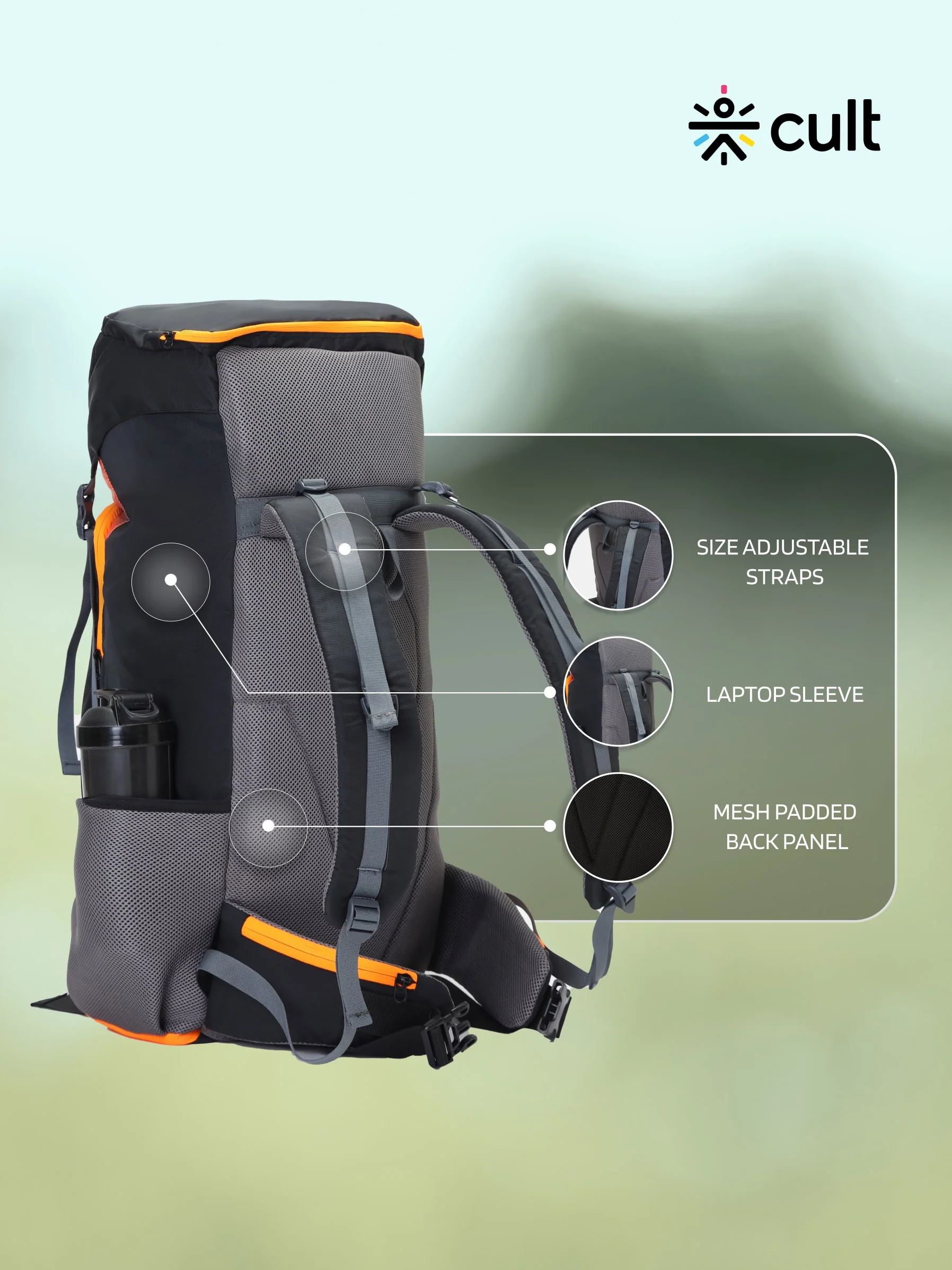 Travel Rucksack 55 L Black Orange - Image 5