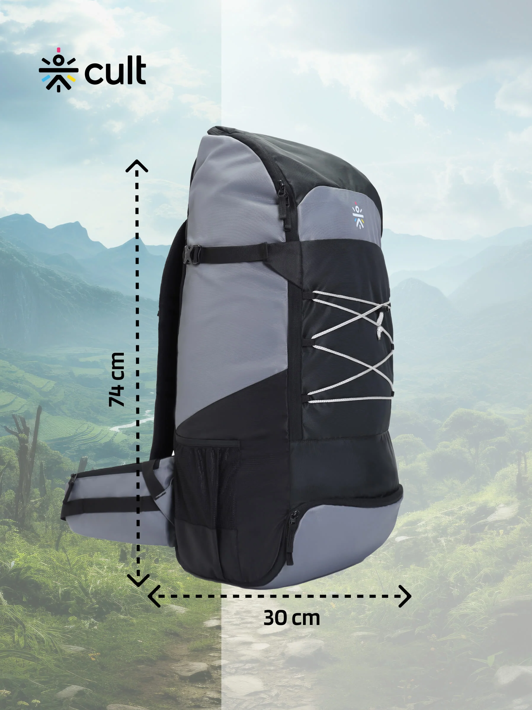 cult 65 Litre Travel Backpack Hiking Trekking Bag Camping Rucksack with Water Proof Rain Cover, Shoe Compartment Grey&nbsp; - Image 2
