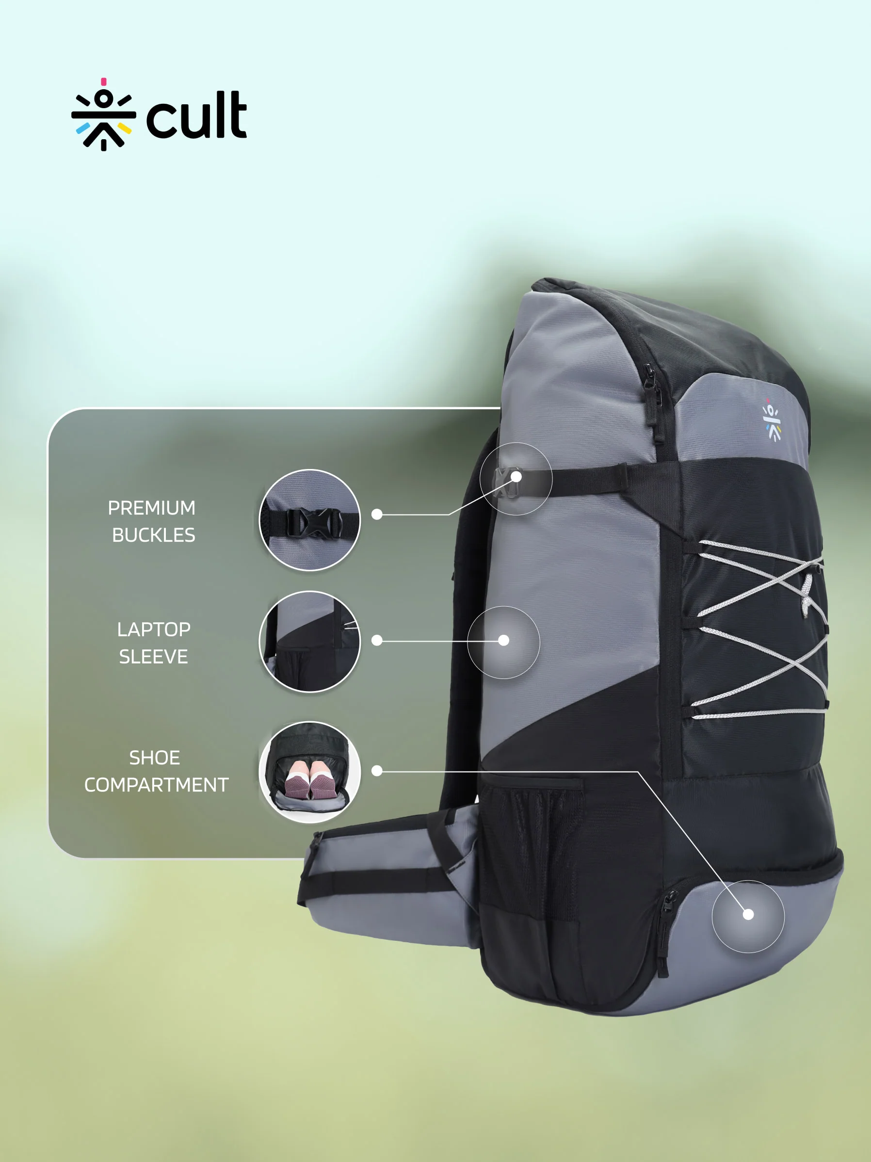 cult 65 Litre Travel Backpack Hiking Trekking Bag Camping Rucksack with Water Proof Rain Cover, Shoe Compartment Grey&nbsp; - Image 3