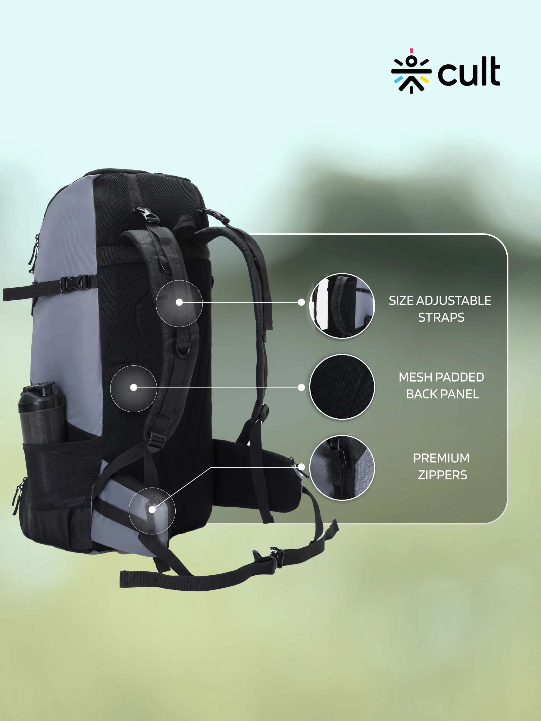 cult 65 Litre Travel Backpack Hiking Trekking Bag Camping Rucksack with Water Proof Rain Cover, Shoe Compartment Grey&nbsp; - Image 4