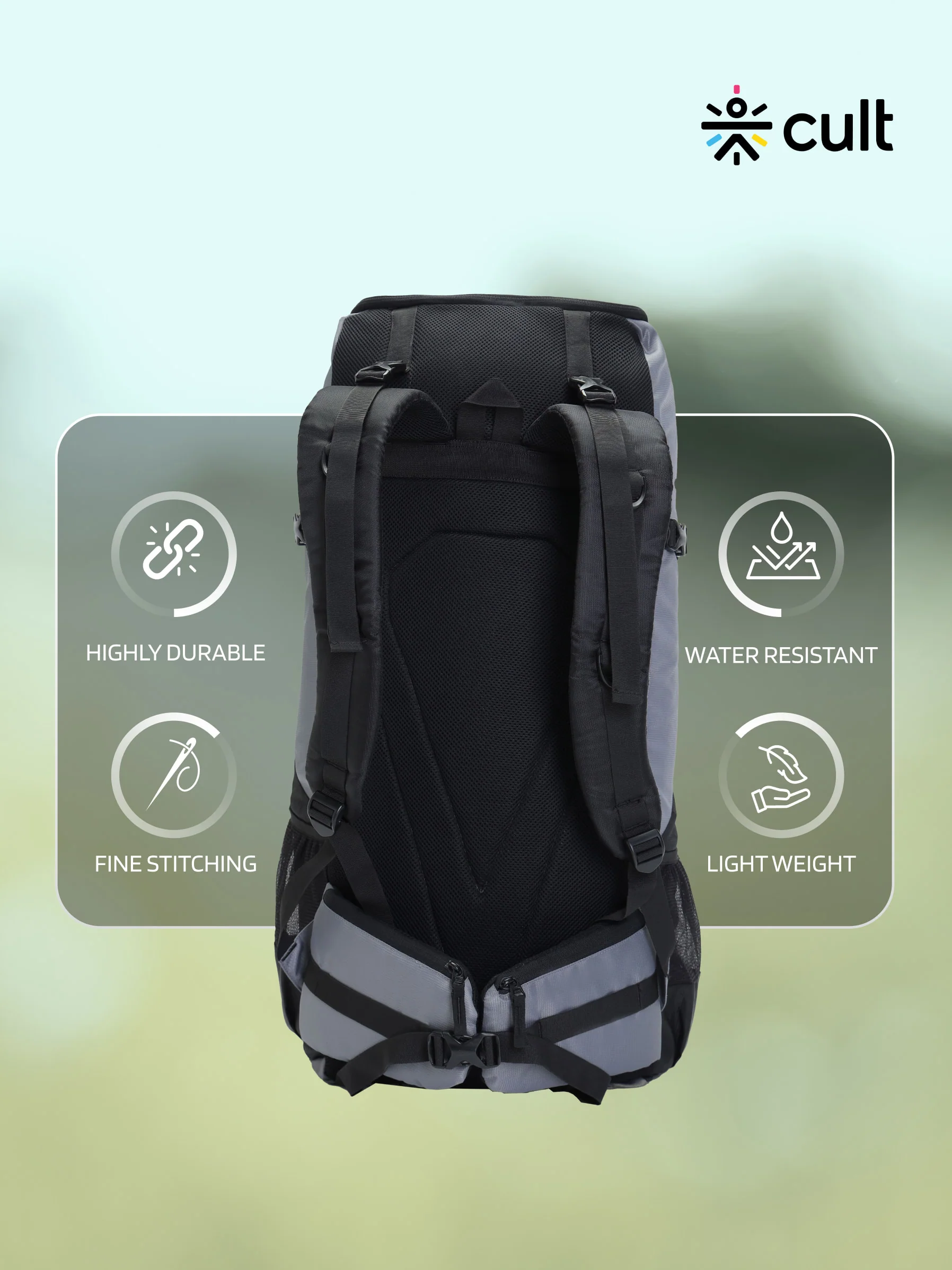cult 65 Litre Travel Backpack Hiking Trekking Bag Camping Rucksack with Water Proof Rain Cover, Shoe Compartment Grey&nbsp; - Image 5