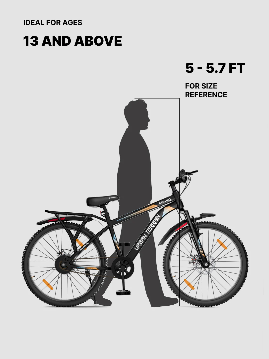 Urban Terrain Comet Pro 26T Single Speed Steel Mountain Bike with Front Suspension & Dual Disc Brakes (Black) - Image 8