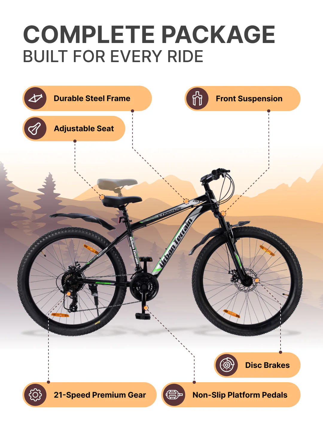 UT1000S26 Mountain Bike Steel 21 Speed Cycle Shimano Gear 26 inch, Grey With Front Suspension, Single Wall Rim and Dual Disc Brakes Ideal For 5 ft to 5.7 ft - Image 2