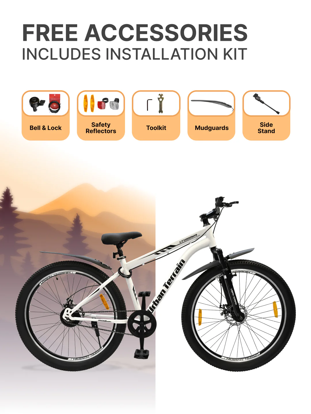 UT5000S29ACC Mountain Cycle Steel Single Speed 29 inch with Dual Disc Brakes, Front Suspension, Double Wall Alloy Rim, Bell & Lock, White - Image 6