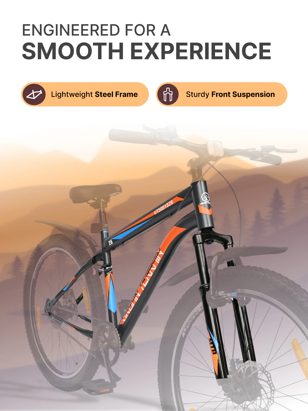 UT5001S26ACC Mountain Cycle Steel Single Speed 26 inch with Dual Disc Brakes, Front Suspension, Double Wall Alloy Rim, Bell & Lock, Black, Free Trainer Sessions, Cycling Event - Image 4