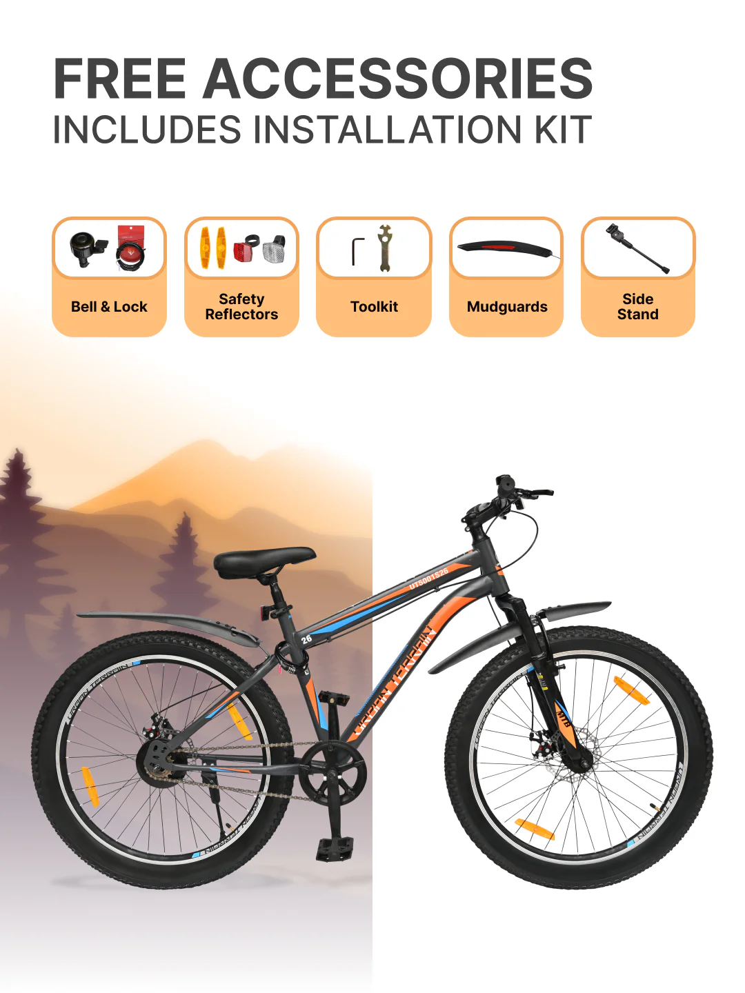 UT5001S26ACC Mountain Cycle Steel Single Speed 26 inch with Dual Disc Brakes, Front Suspension, Double Wall Alloy Rim, Bell & Lock, Black, Free Trainer Sessions, Cycling Event - Image 6
