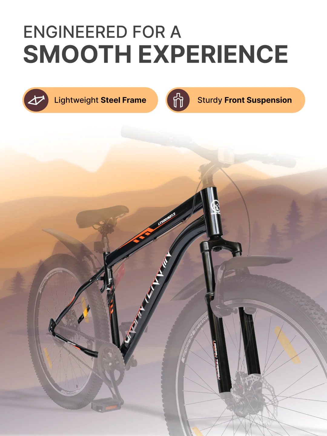 UT5001S27ACC Mountain Cycle Steel Single Speed 27.5 inch with Dual Disc Brakes, Front Suspension, Double Wall Alloy Rim, Bell & Lock, Black - Image 4