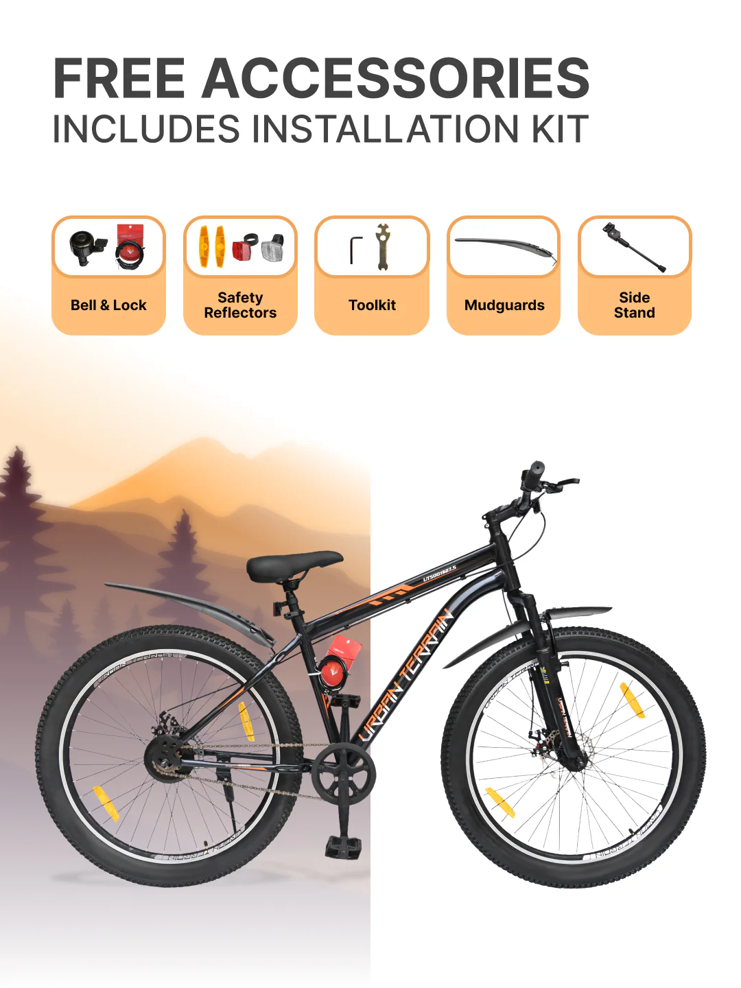 UT5001S27ACC Mountain Cycle Steel Single Speed 27.5 inch with Dual Disc Brakes, Front Suspension, Double Wall Alloy Rim, Bell & Lock, Black - Image 6