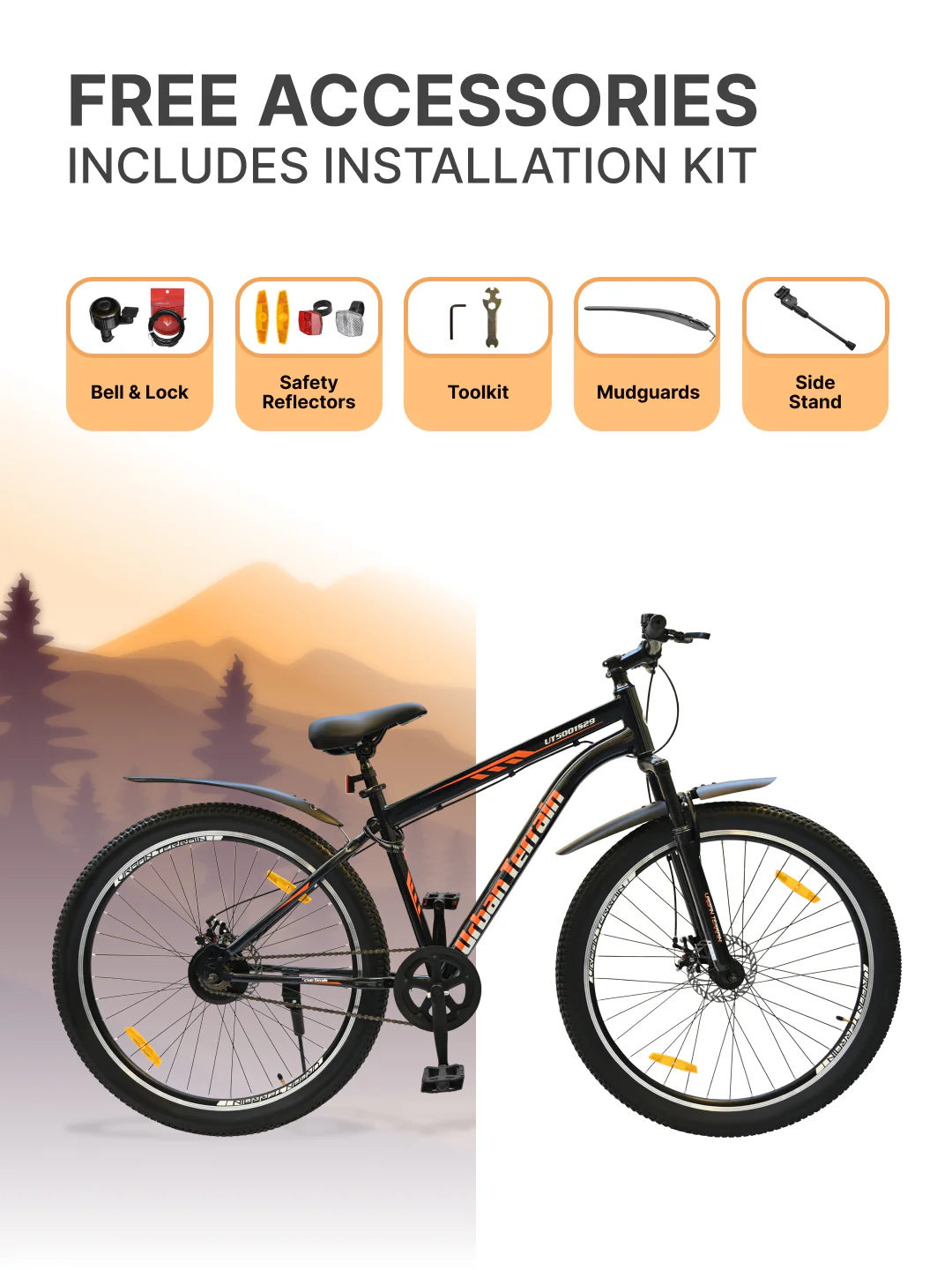 UT5001S29ACC Mountain Cycle Steel Single Speed 29 inch with Dual Disc Brakes, Front Suspension, Double Wall Alloy Rim, Bell & Lock, Black - Image 6