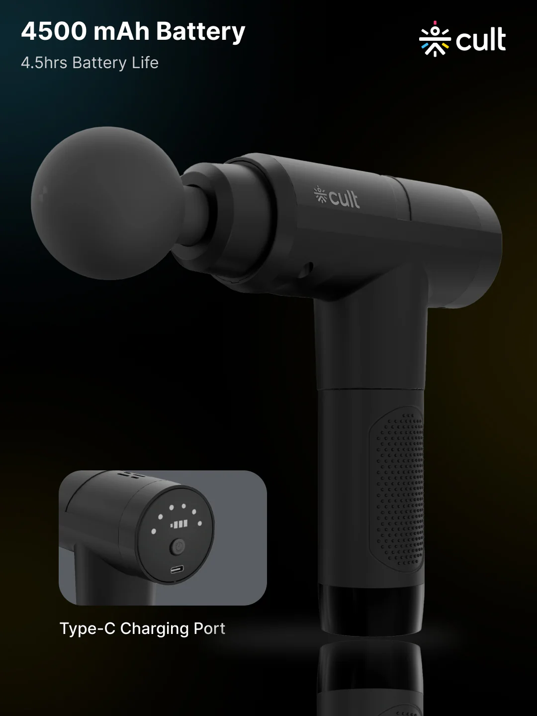Cult Volt Pro, Full Body Professional Gun Massager, 4500 mAh battery, QuietMotion Tech, Deep Tissue Percussions, 4 Interchangeable heads, 6 Speed levels, Silicone head, Carry Pouch. - Image 7