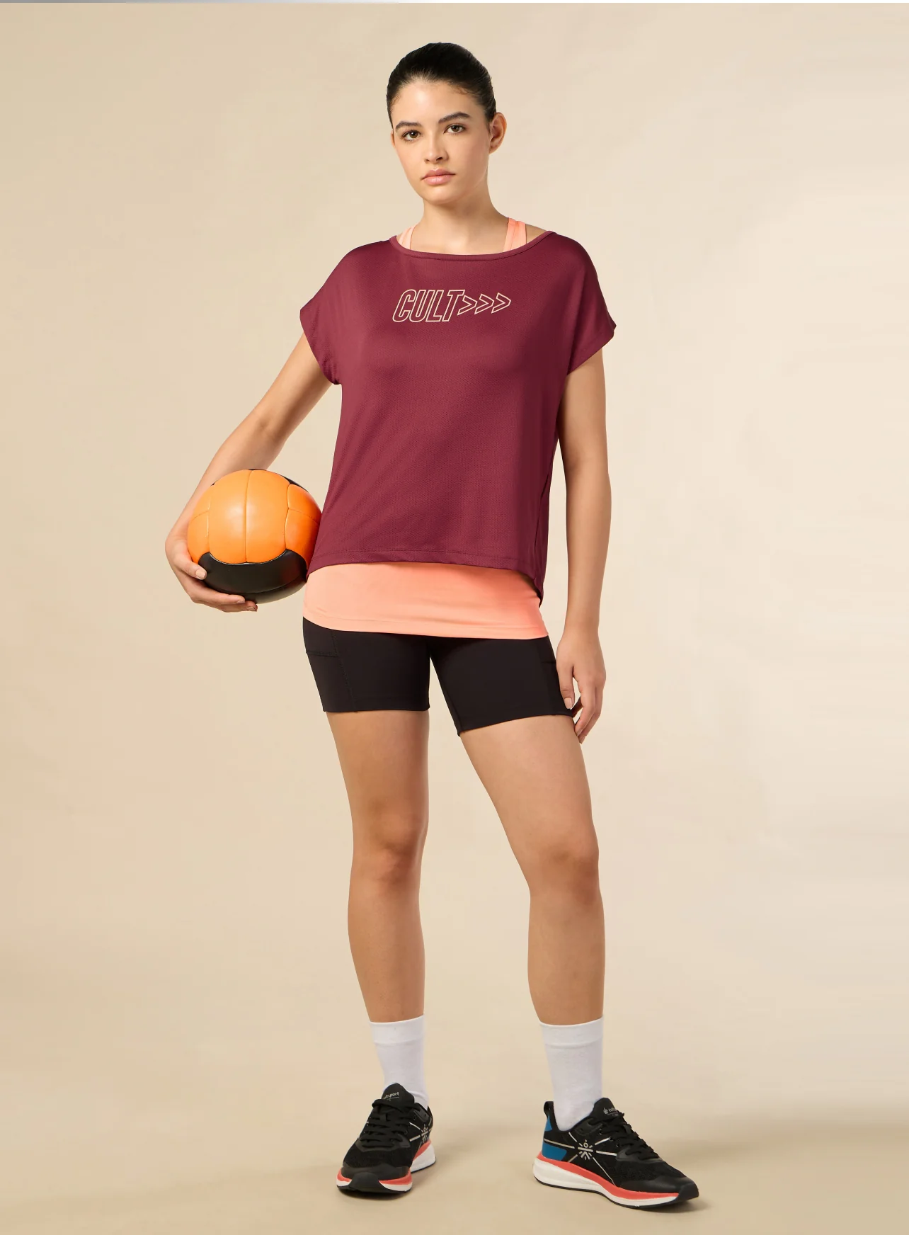 Women's 2in1 Layered Performance Maroon T-shirt - Image 2