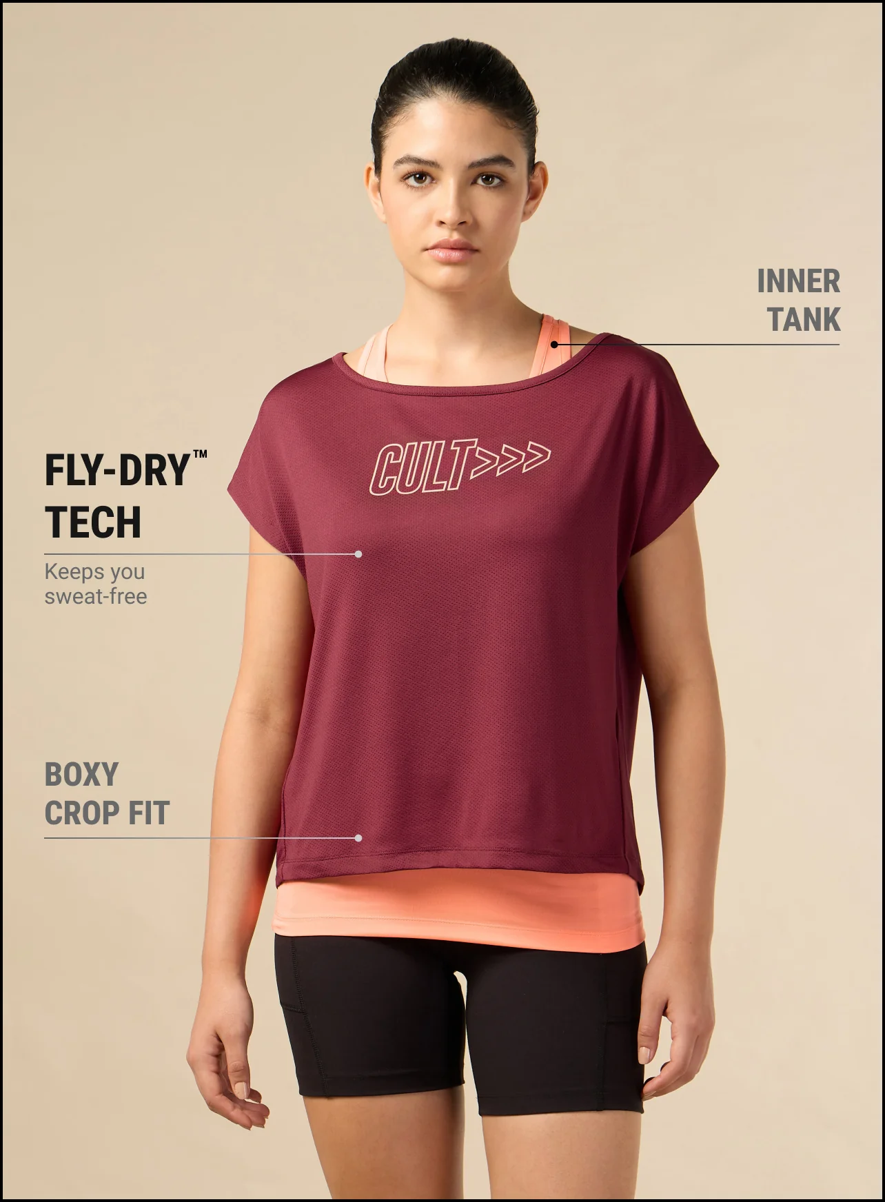 Women's 2in1 Layered Performance Maroon T-shirt - Image 4