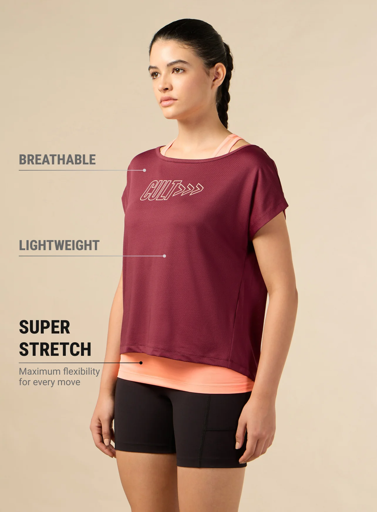 Women's 2in1 Layered Performance Maroon T-shirt - Image 5