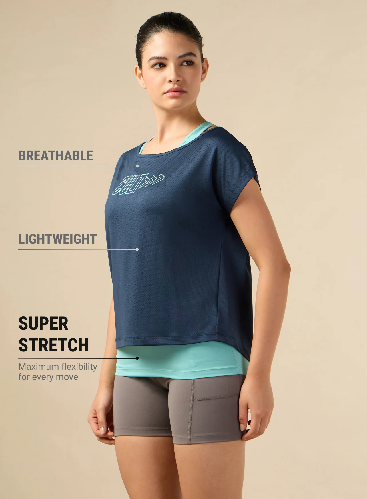 Women's 2in1 Layered Performance Navy T-shirt - Image 5