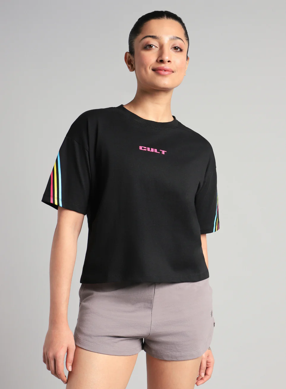 Women's Black Cult Vibe Stripes Boxy Fit T-shirt - Image 4