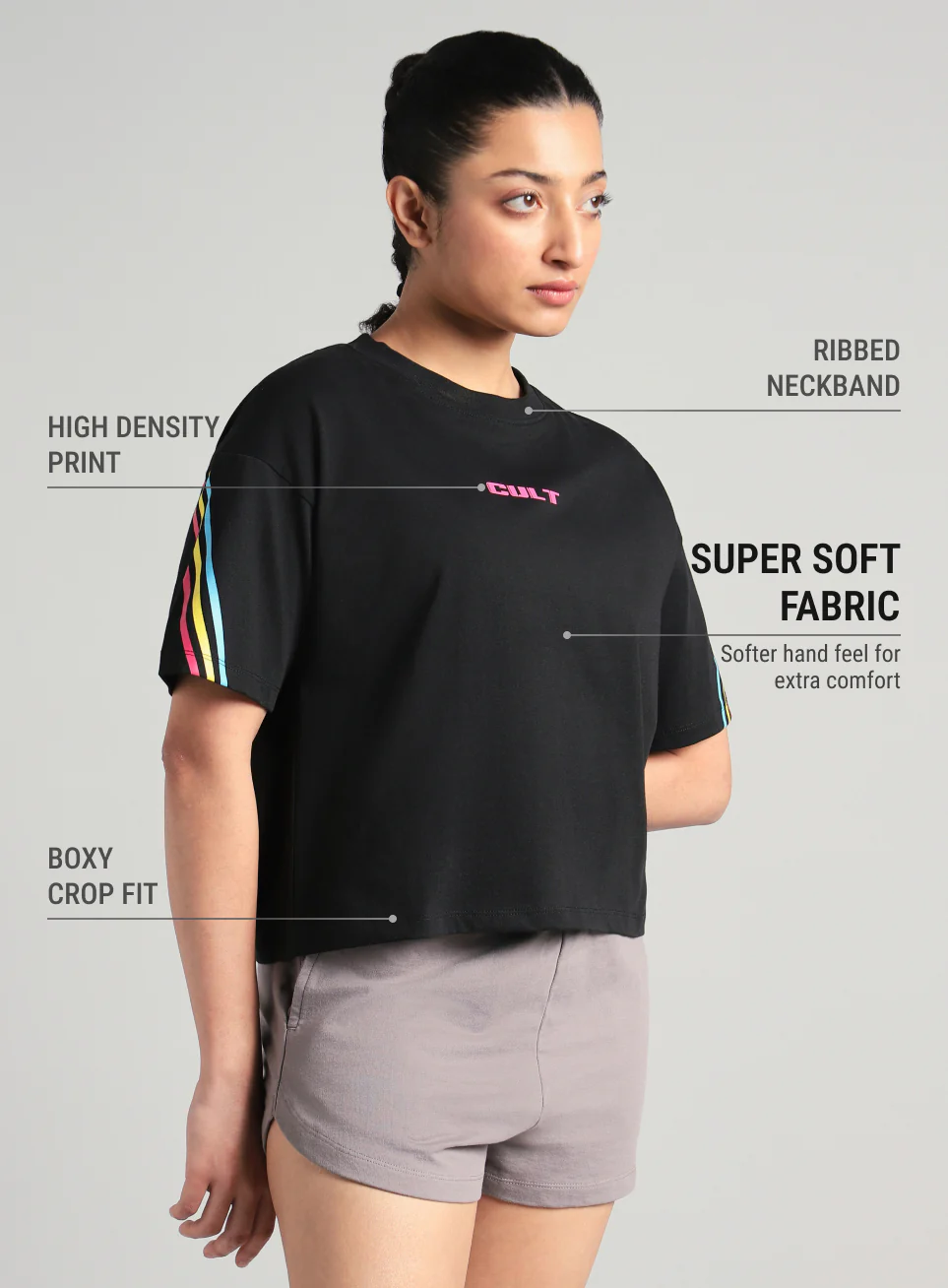 Women's Black Cult Vibe Stripes Boxy Fit T-shirt - Image 5