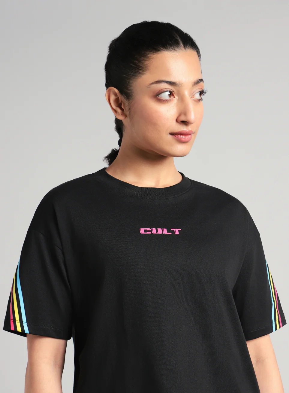 Women's Black Cult Vibe Stripes Boxy Fit T-shirt - Image 7
