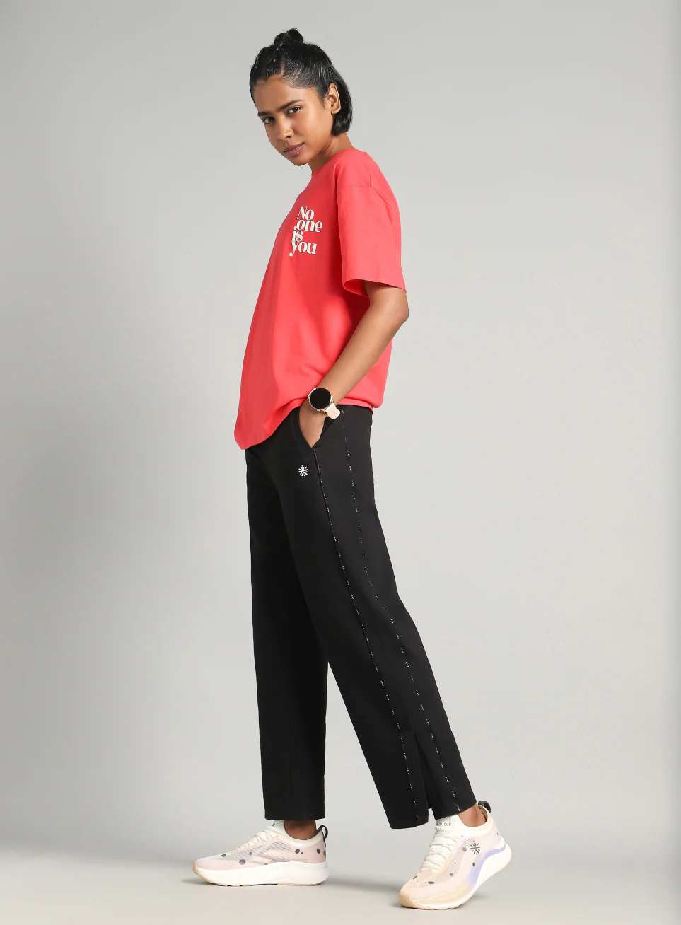 Women's Black Panelled Straight Fit Trackpants - Image 2