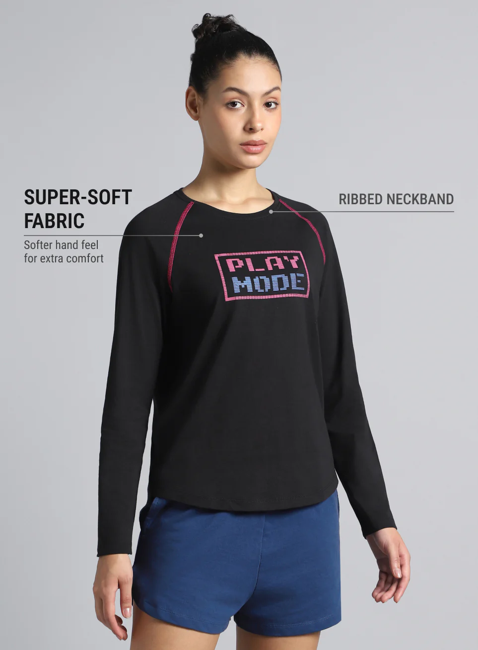 Women's Black Play Mode Full Sleeve T-shirt - Image 5