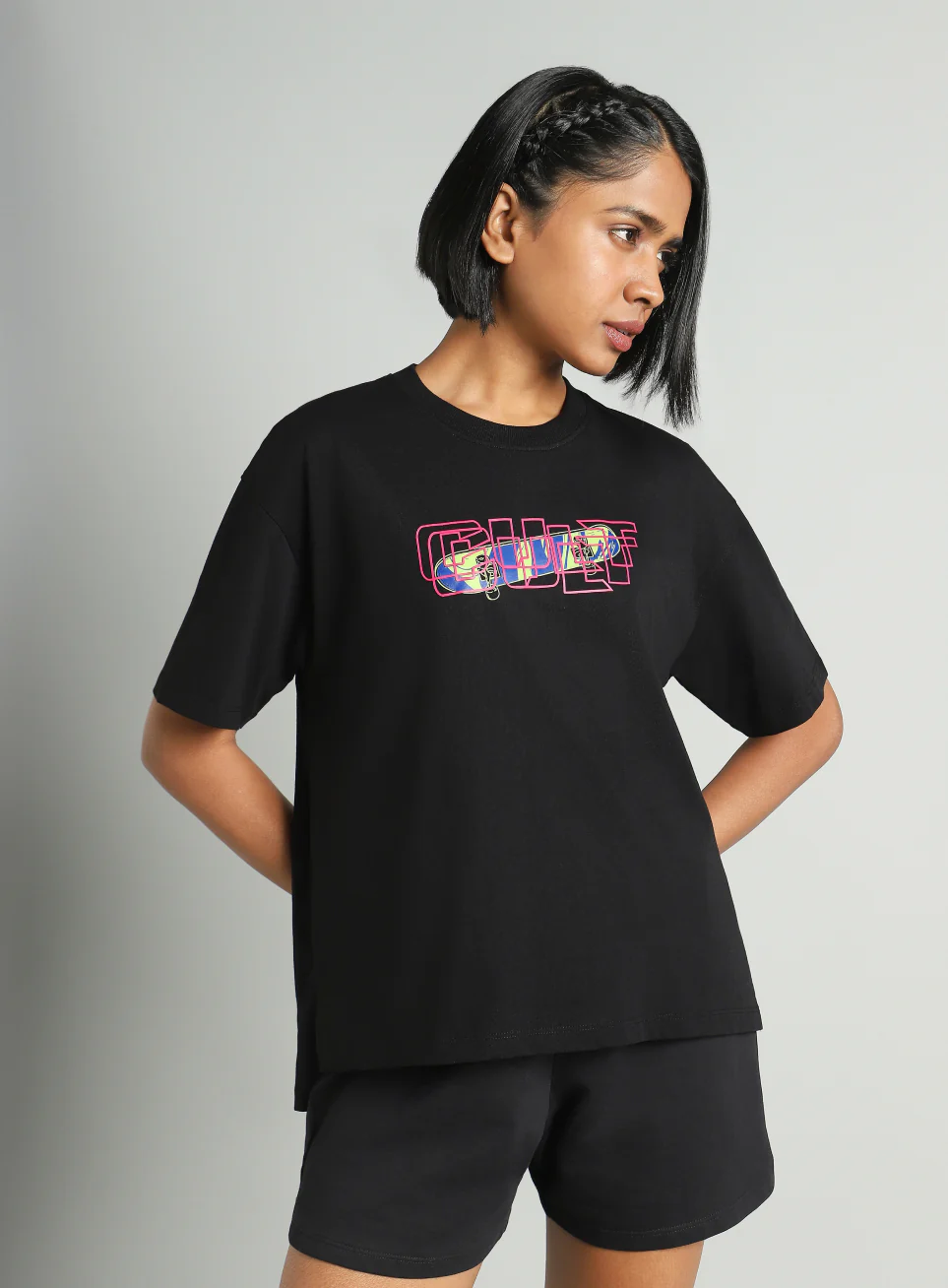 Women's Black Skate Graphic Oversized Fit T-shirt - Image 4