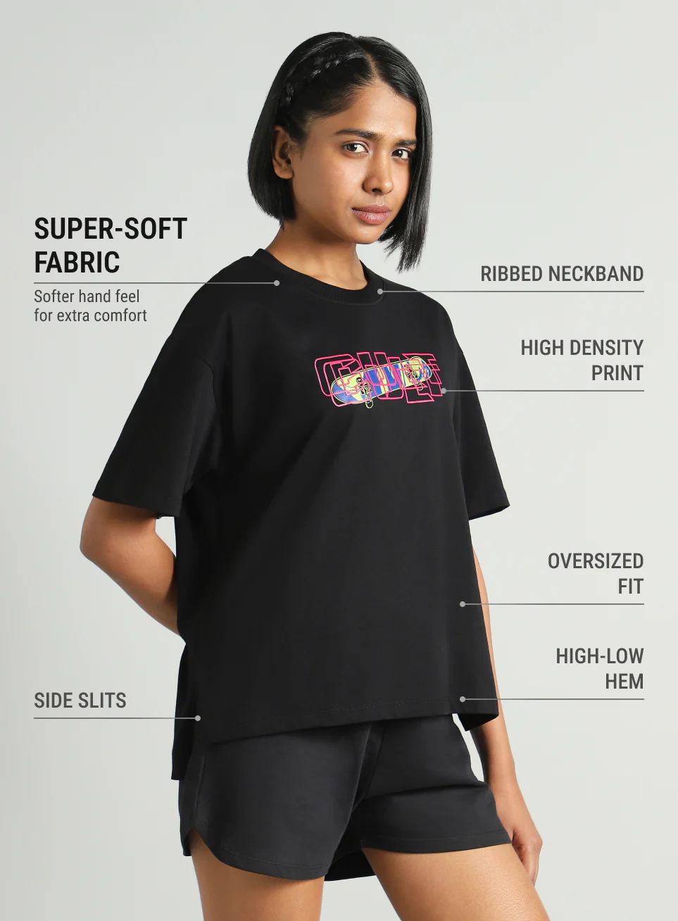 Women's Black Skate Graphic Oversized Fit T-shirt - Image 5