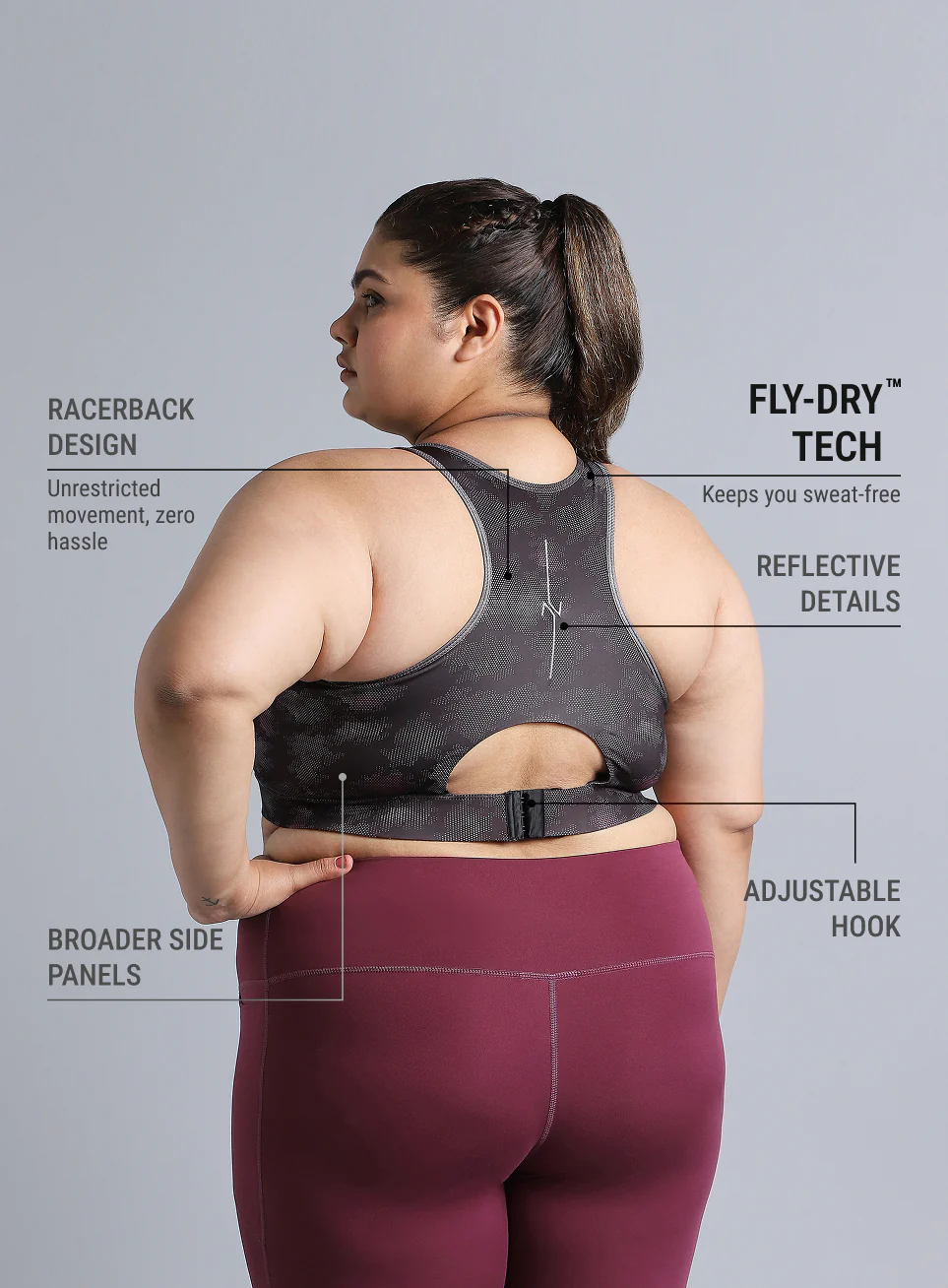 Women's Black Urban Camo Running High Support Plus Size Bra - Image 6