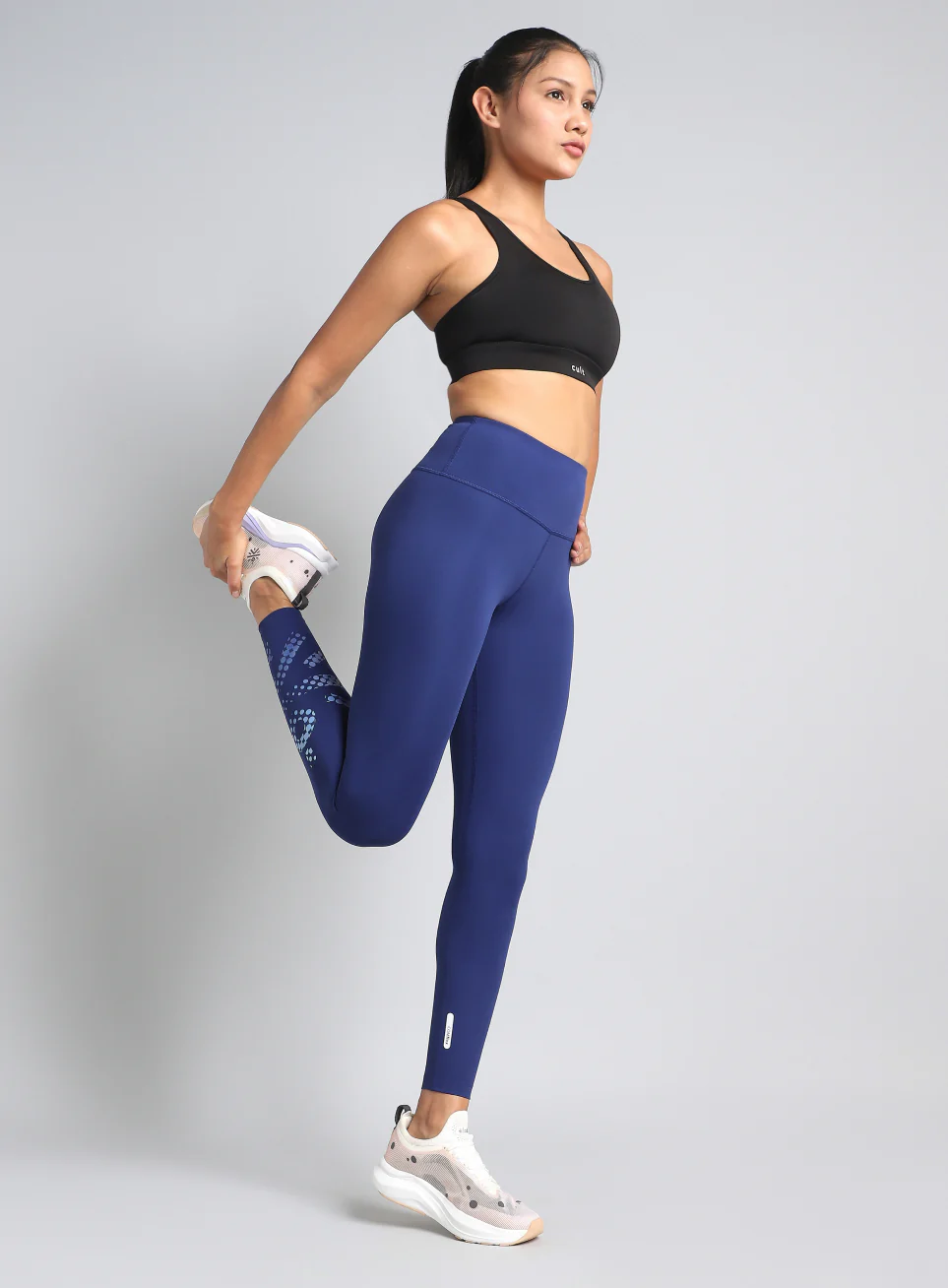 Women's Blue Absolute Fit Tights with Logo Print and Back Pocket - Image 2