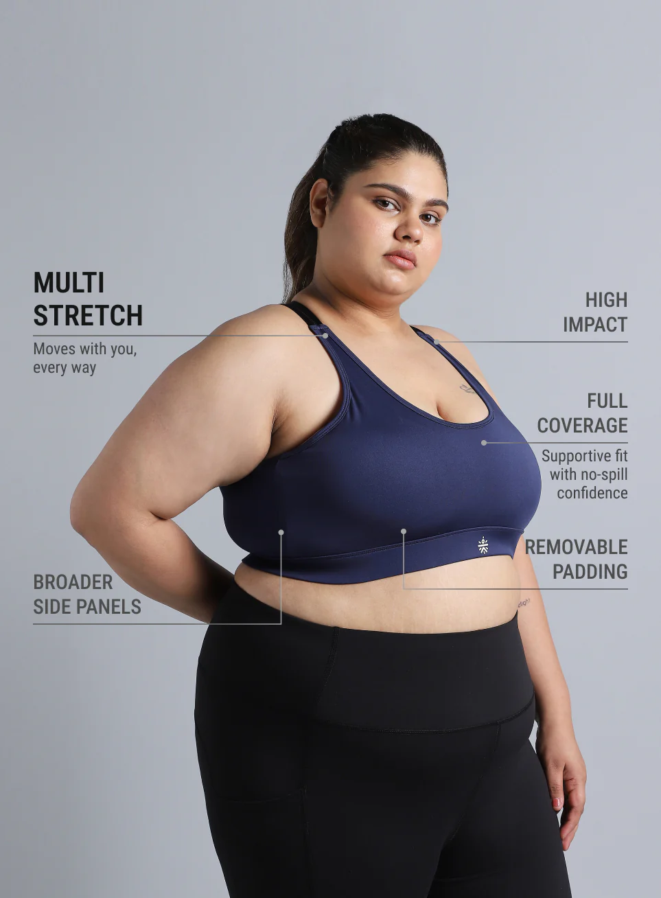 Women's Blue Adjustable Strap Training High Support Plus Size Sports Bra - Image 5